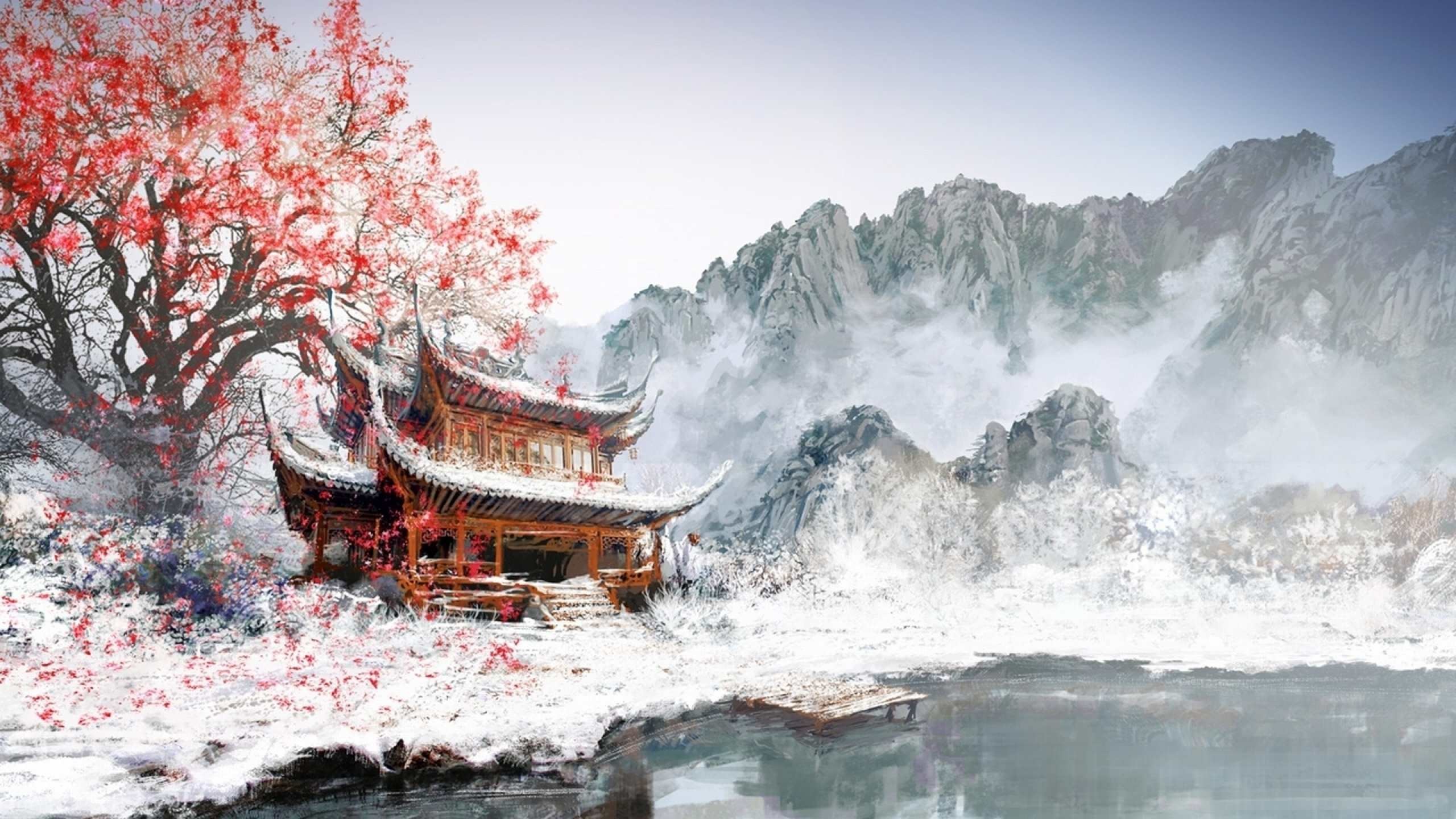 Tempio, Neve, Montagne, Albero rosso, Arte digitale, 2K 1440p, sfondo desktop