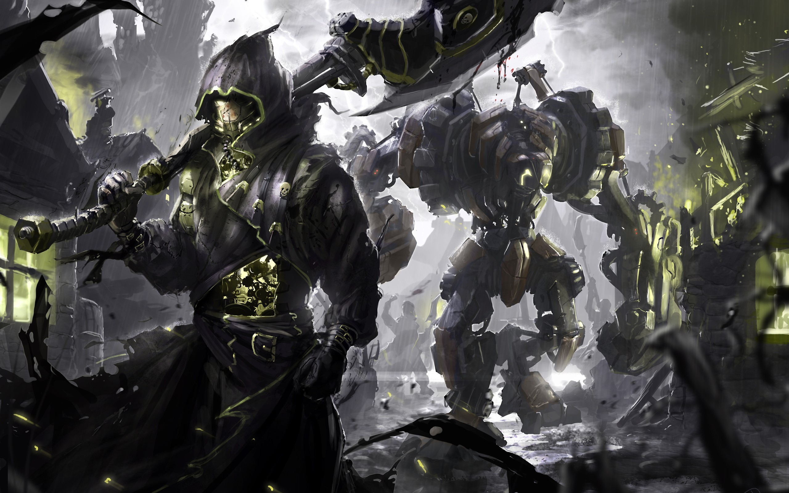 Robot, Battaglia, Bianco e nero, Fantasy, 2K, sfondo Windows 11