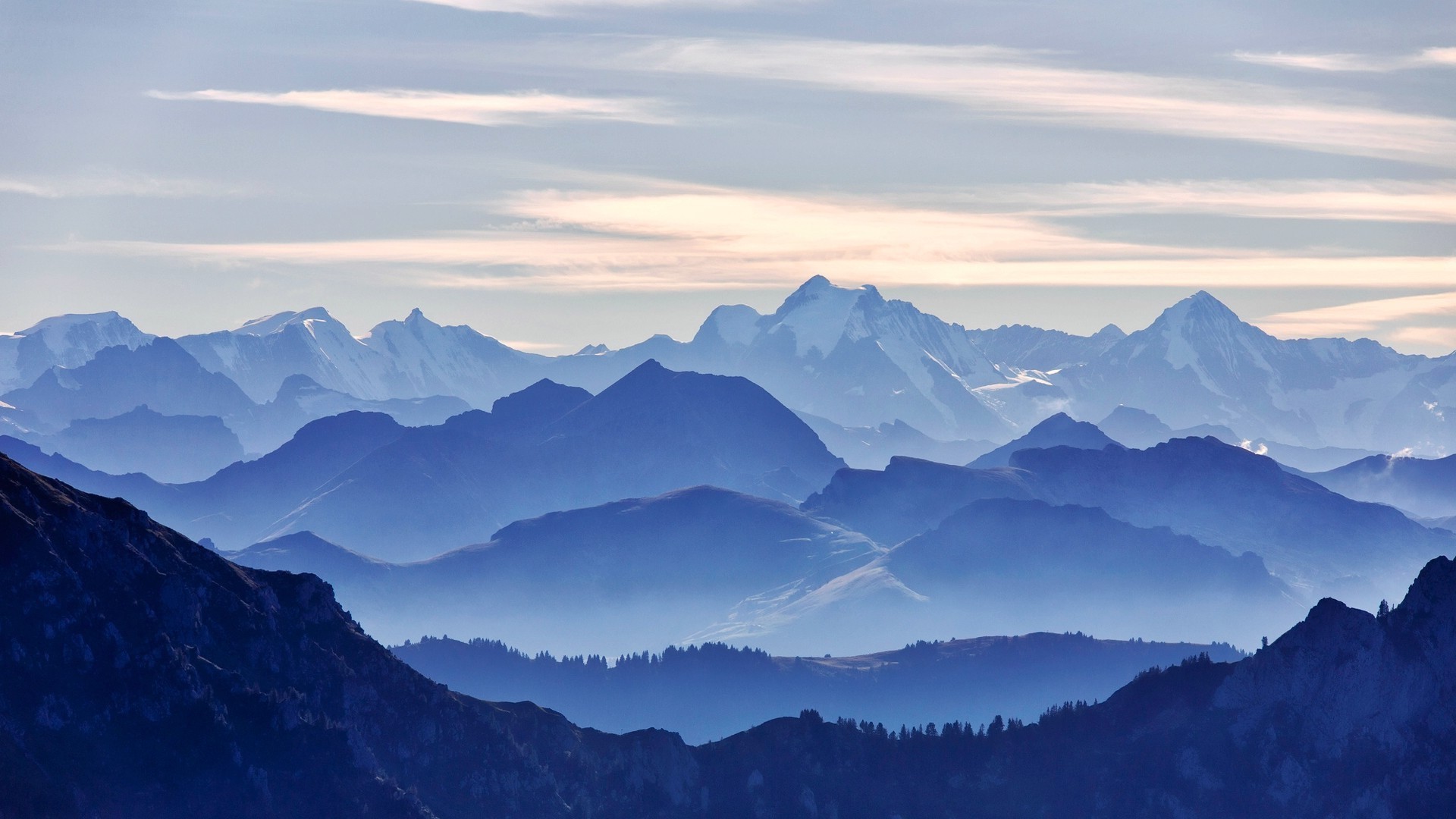 Catene montuose, Nebbia, Toni blu, Panorama, Strati, 16:9 Full HD, wallpaper widescreen
