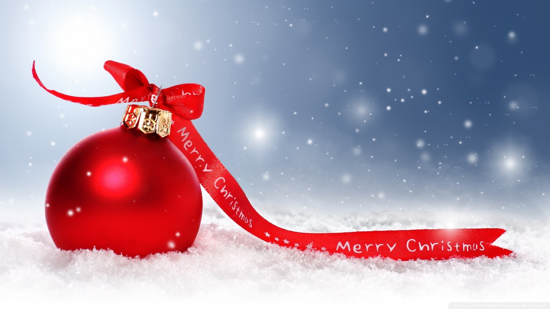 Merry Christmas, Natale, Pallina rossa, Nastro rosso, Neve, Full HD, wallpaper per PC