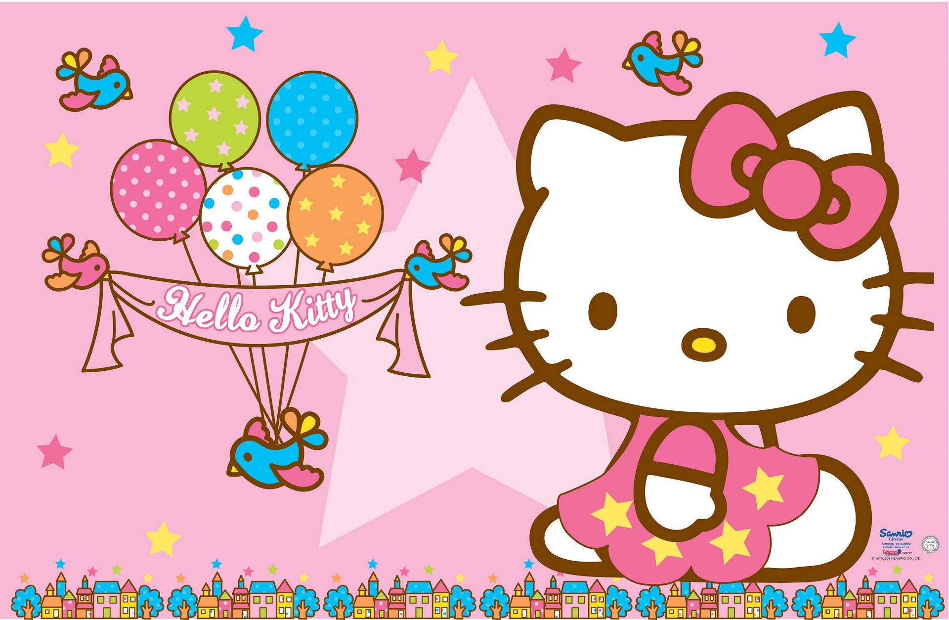 Hello Kitty, Palloncini, Uccellini, Stelle, Rosa, Full HD, wallpaper per portatile