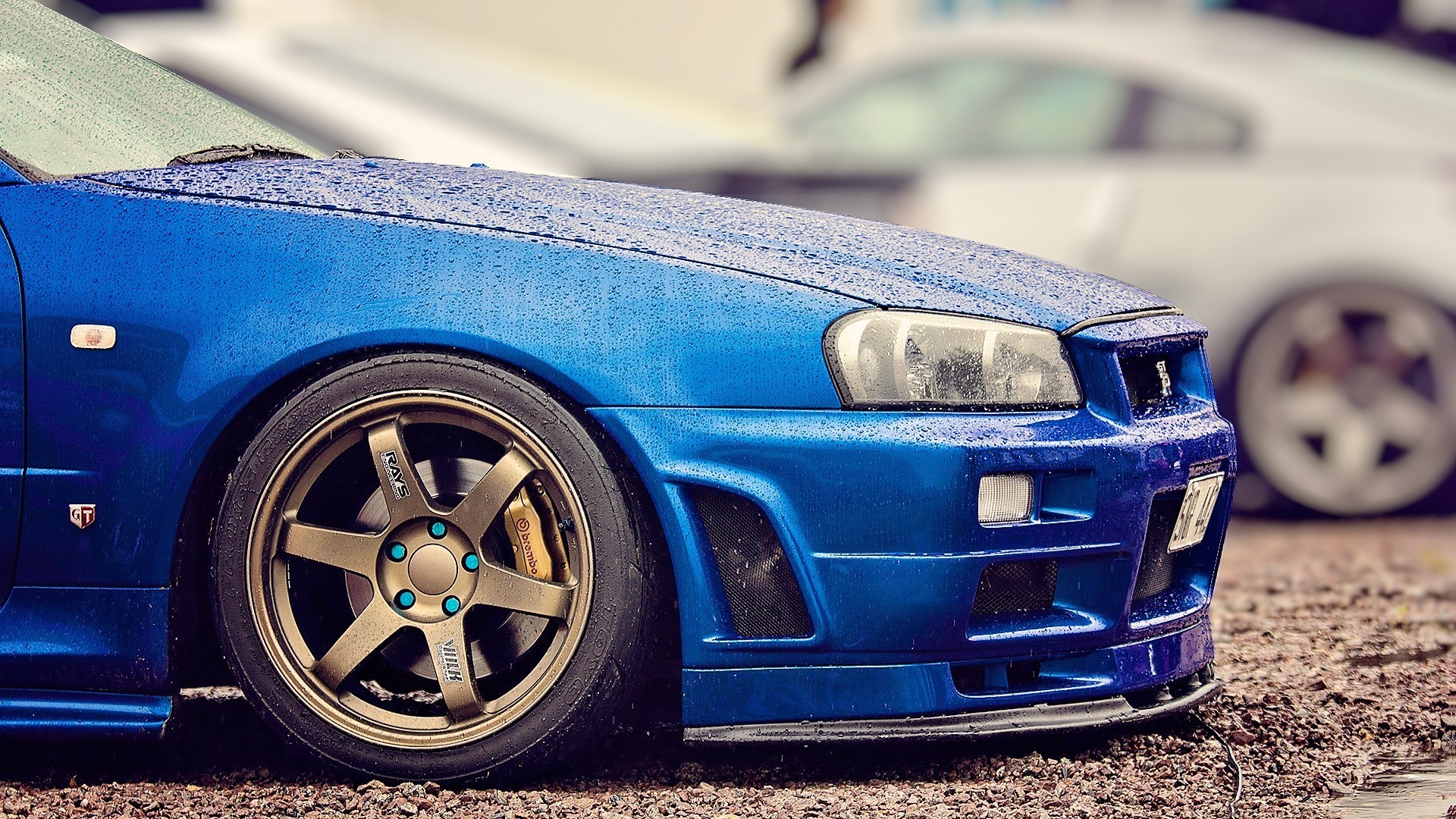 Nissan Skyline GT-R R34, Cerchi, Blu, Gocce d'acqua, Auto sportiva, sfondo Full HD per computer