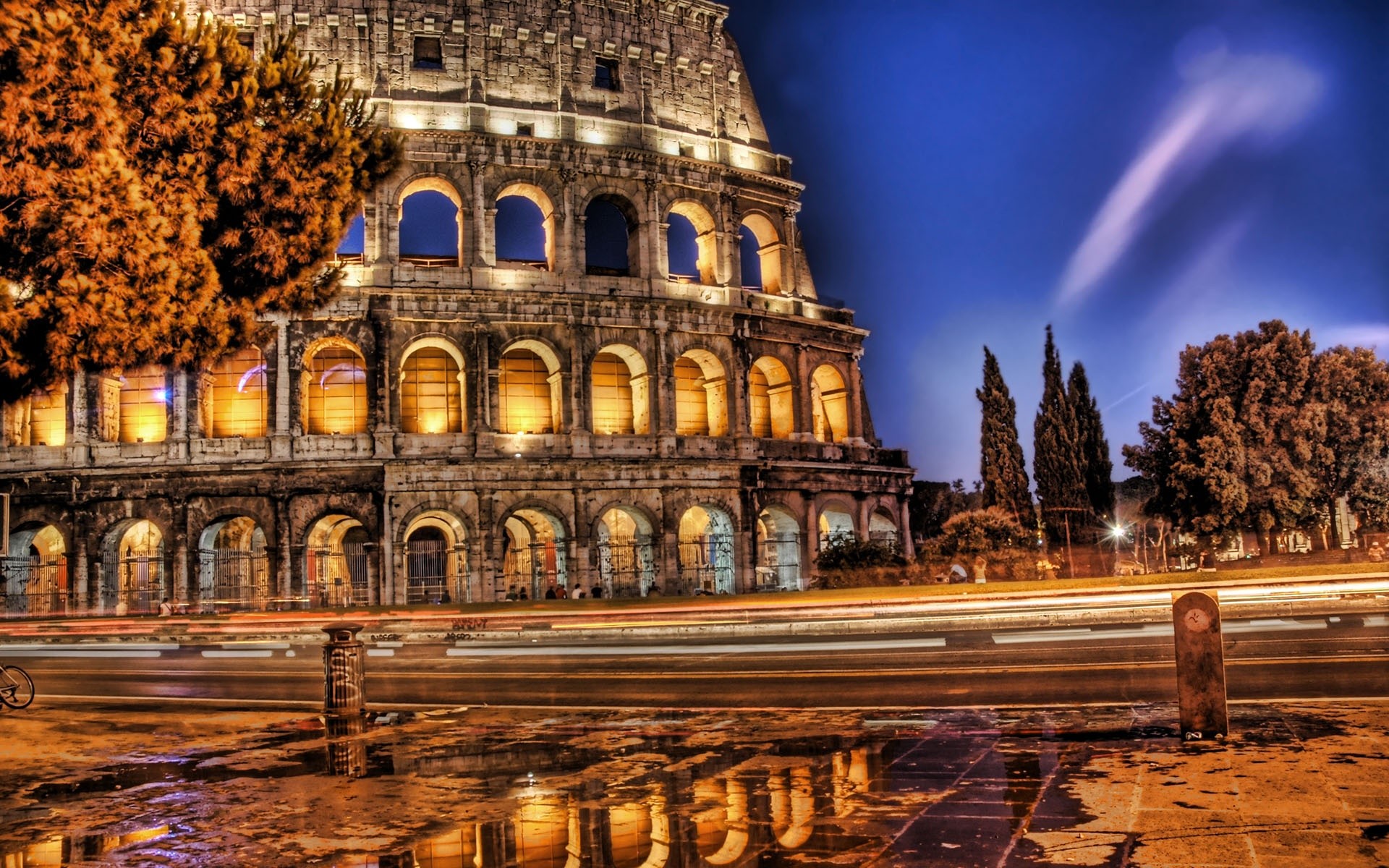 Colosseo, Roma, Notte, Scie di luce, Full HD, sfondo per portatile