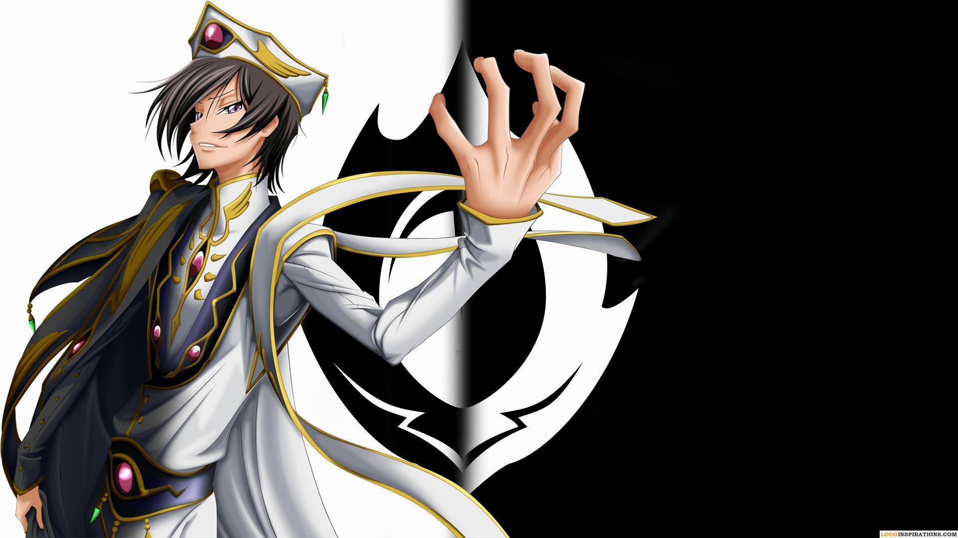 Lelouch Lamperouge, Code Geass, Simbolo del Geass, Bianco e nero, wallpaper desktop Full HD