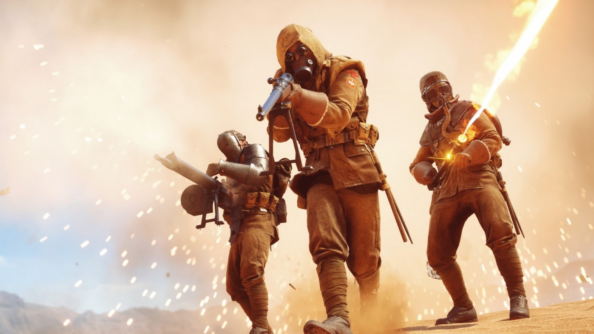 Battlefield 1, Soldati, Lanciafiamme, Maschera antigas, Deserto, sfondo Full HD per computer