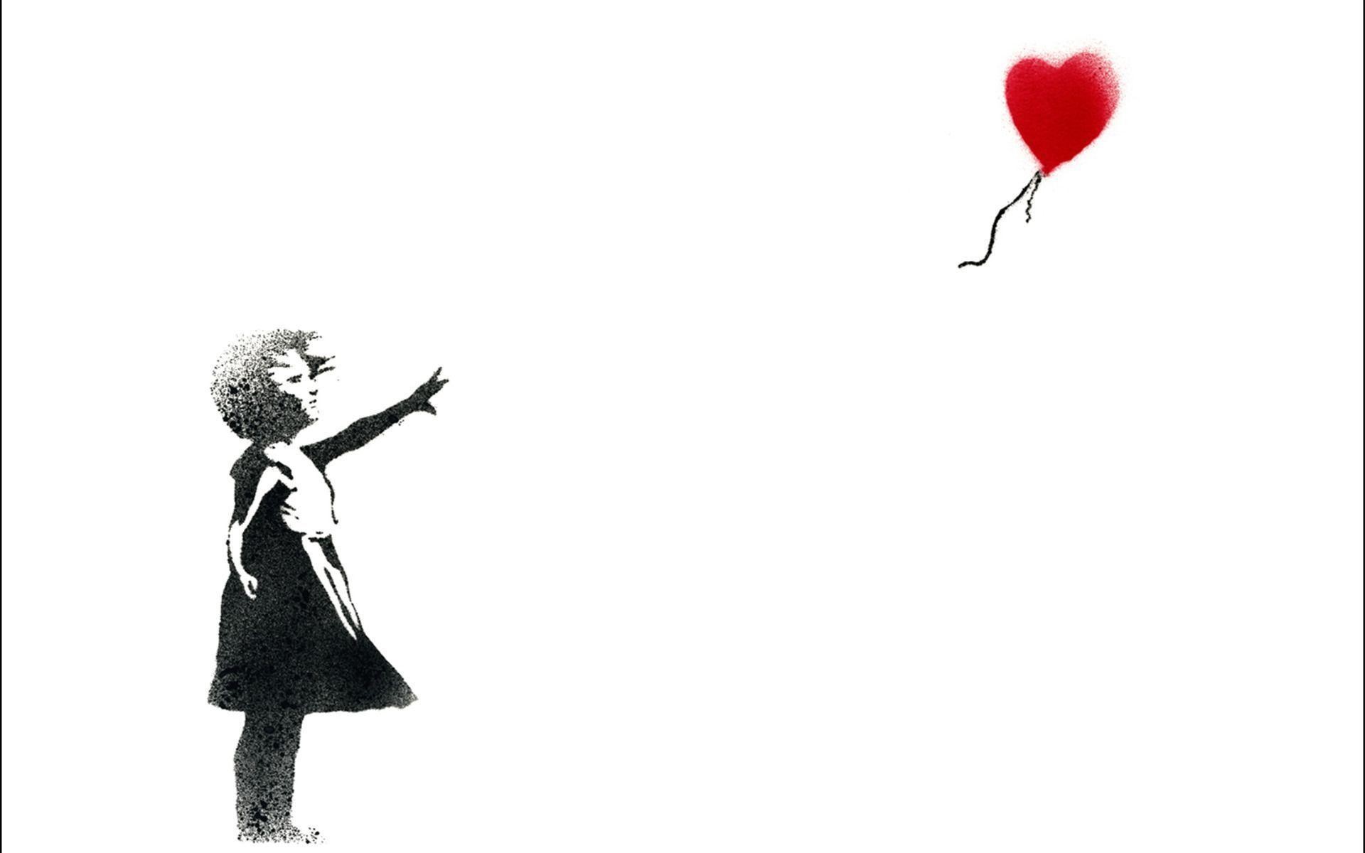 Girl with Balloon, Banksy, Palloncino a cuore, Sfondo bianco, 16:10 Full HD, wallpaper widescreen