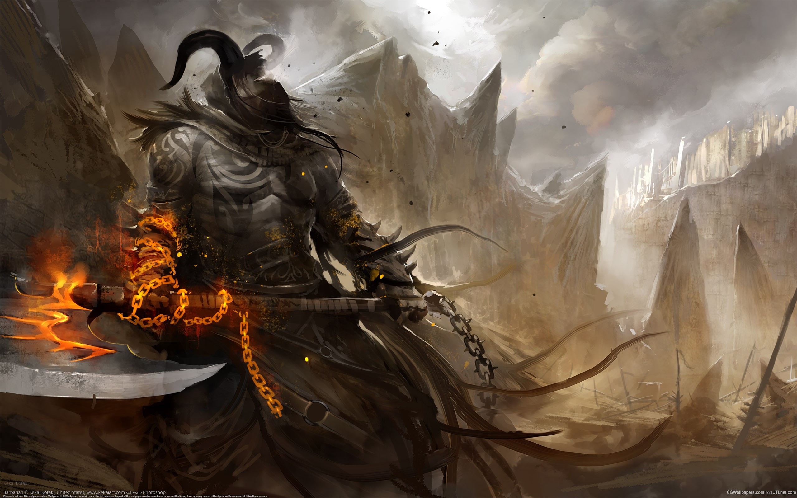Guerriero, Catene infuocate, Lama, Dark fantasy, 2K 1600p, sfondo desktop