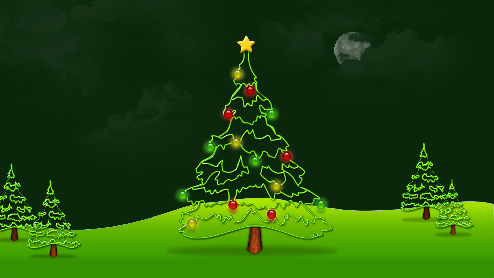 Natale, Albero di Natale, Prato verde, Illustrazione, 16:9 Full HD, sfondo widescreen