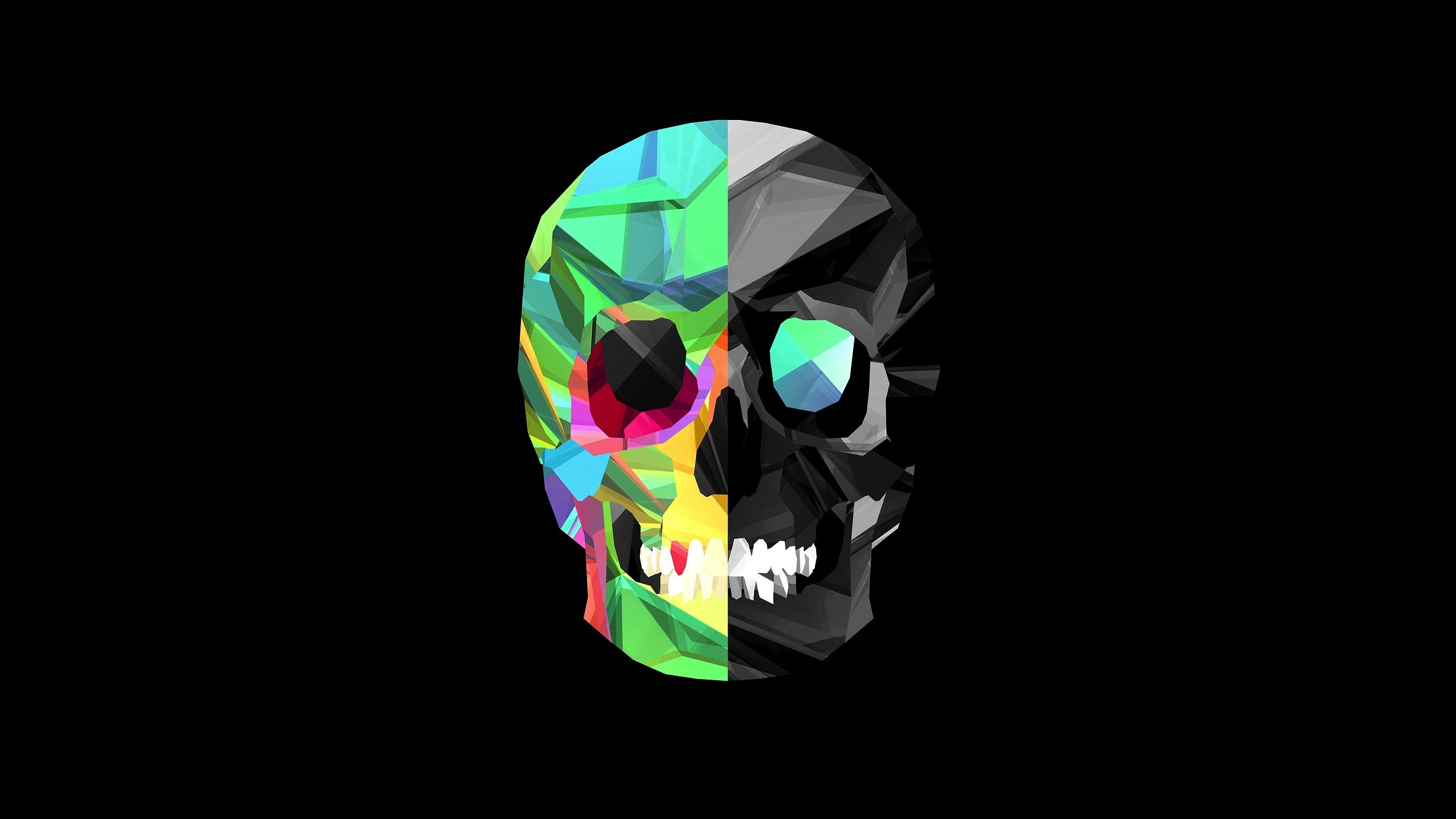 Teschio, Low poly, Sfondo nero, Colori vivaci, 2K, wallpaper per PC