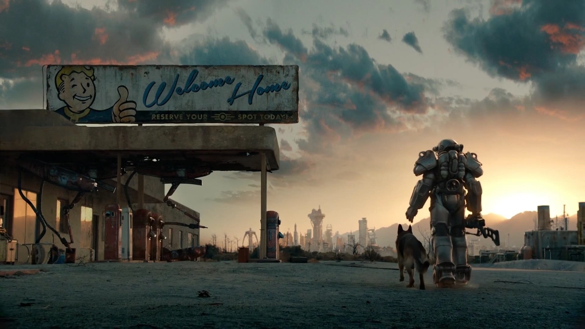 Fallout 4, Armatura atomica, Dogmeat, Vault Boy, Tramonto, Full HD, sfondo Windows 11