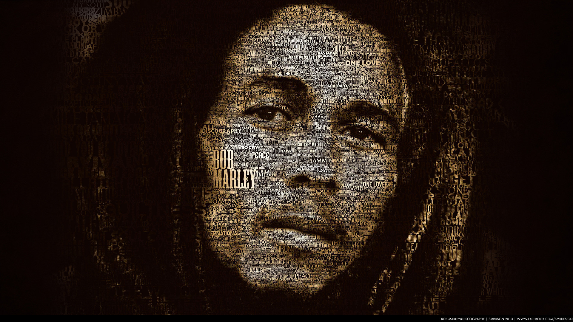 Bob Marley, Ritratto tipografico, Testo, Seppia, 1920x1080, immagine di sfondo