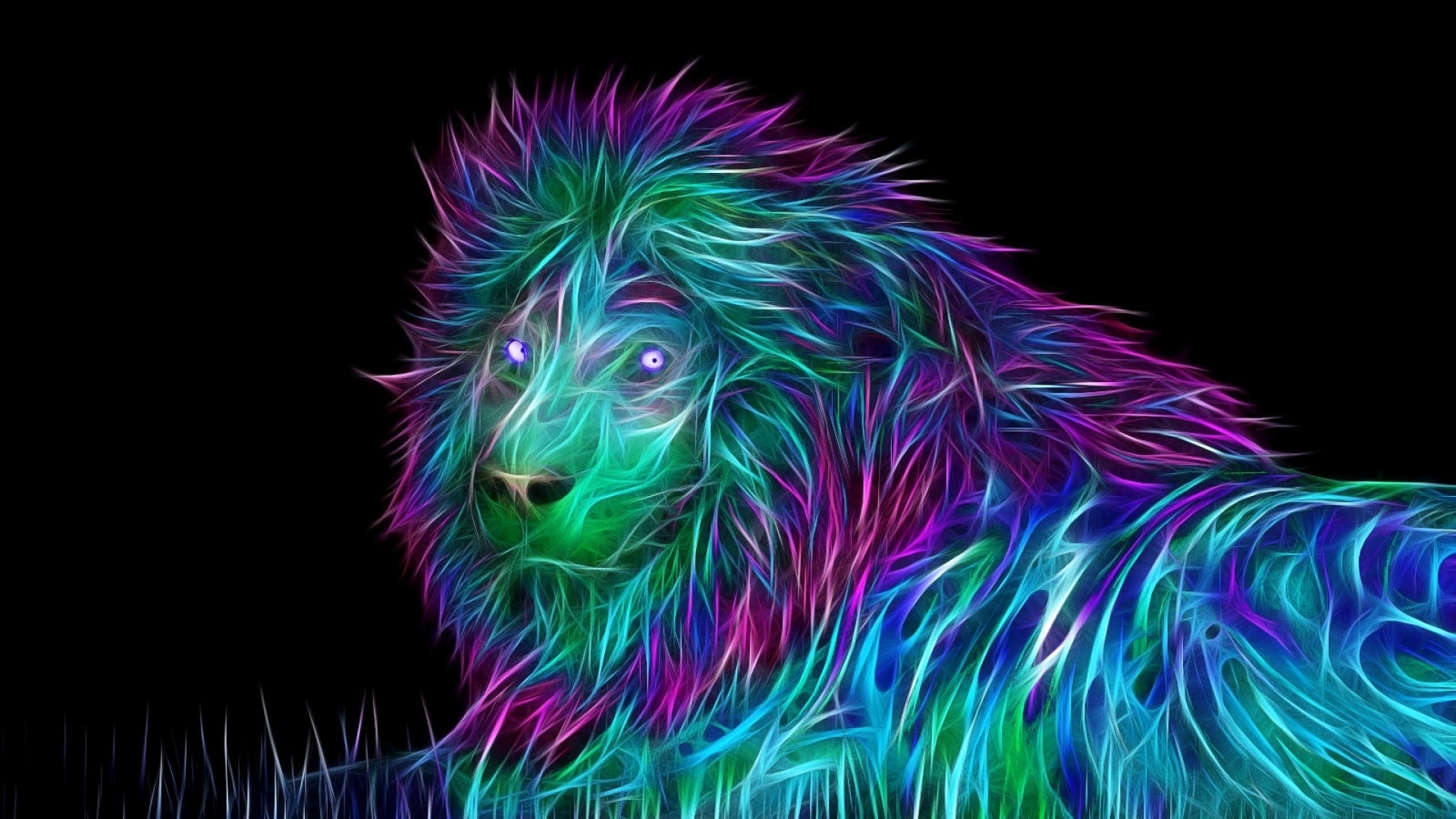 Leone, Effetto frattale, Colori neon, Sfondo nero, Full HD, wallpaper per PC
