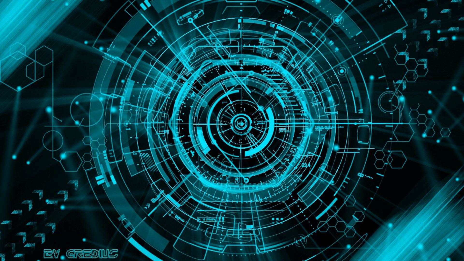Interfaccia futuristica, Cerchi concentrici, Ciano, Fantascienza, sfondo Full HD per computer