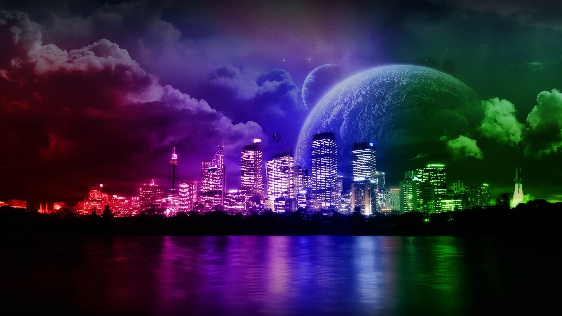 Skyline, Città notturna, Pianeta, Colori neon, Full HD, sfondo per PC e portatile