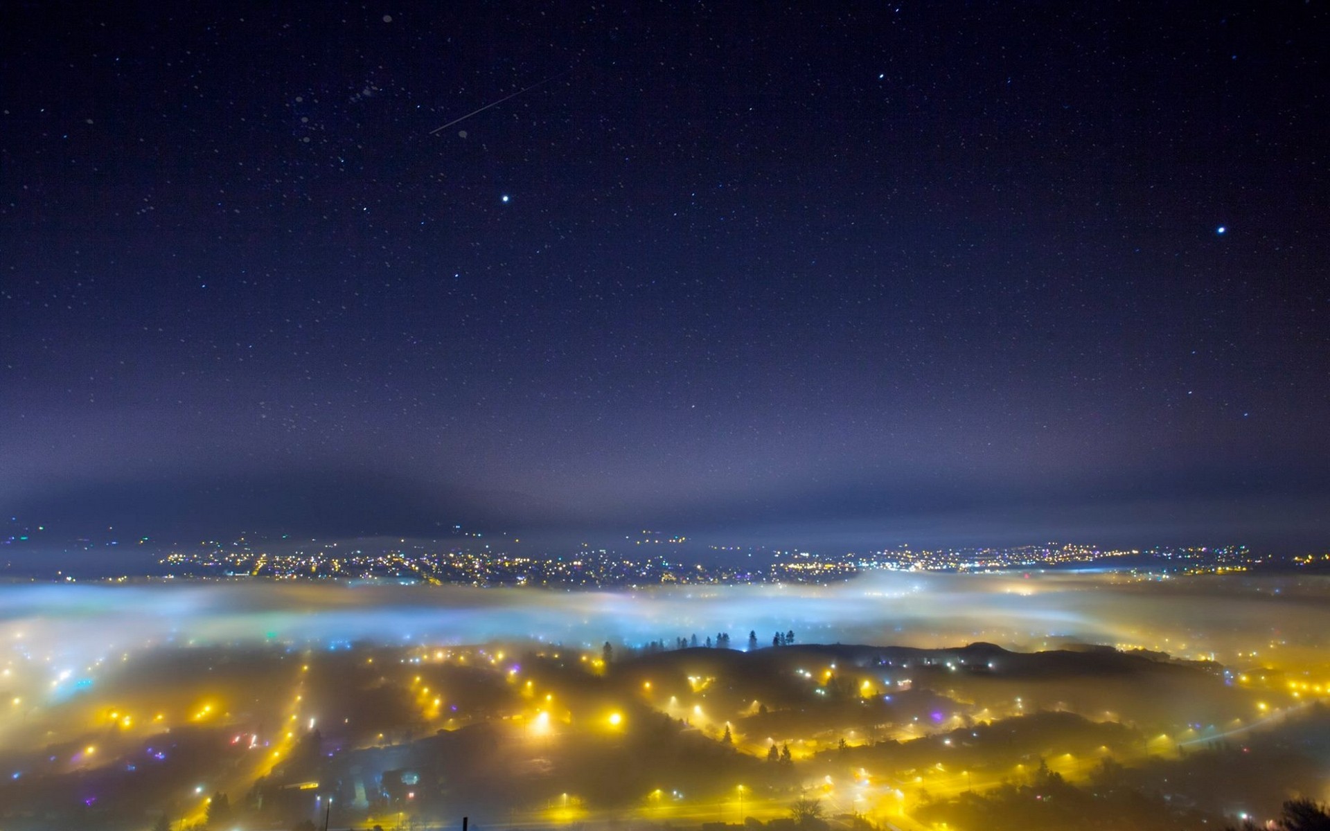 Città notturna, Nebbia, Luci, Cielo stellato, 1920x1200, immagine di sfondo