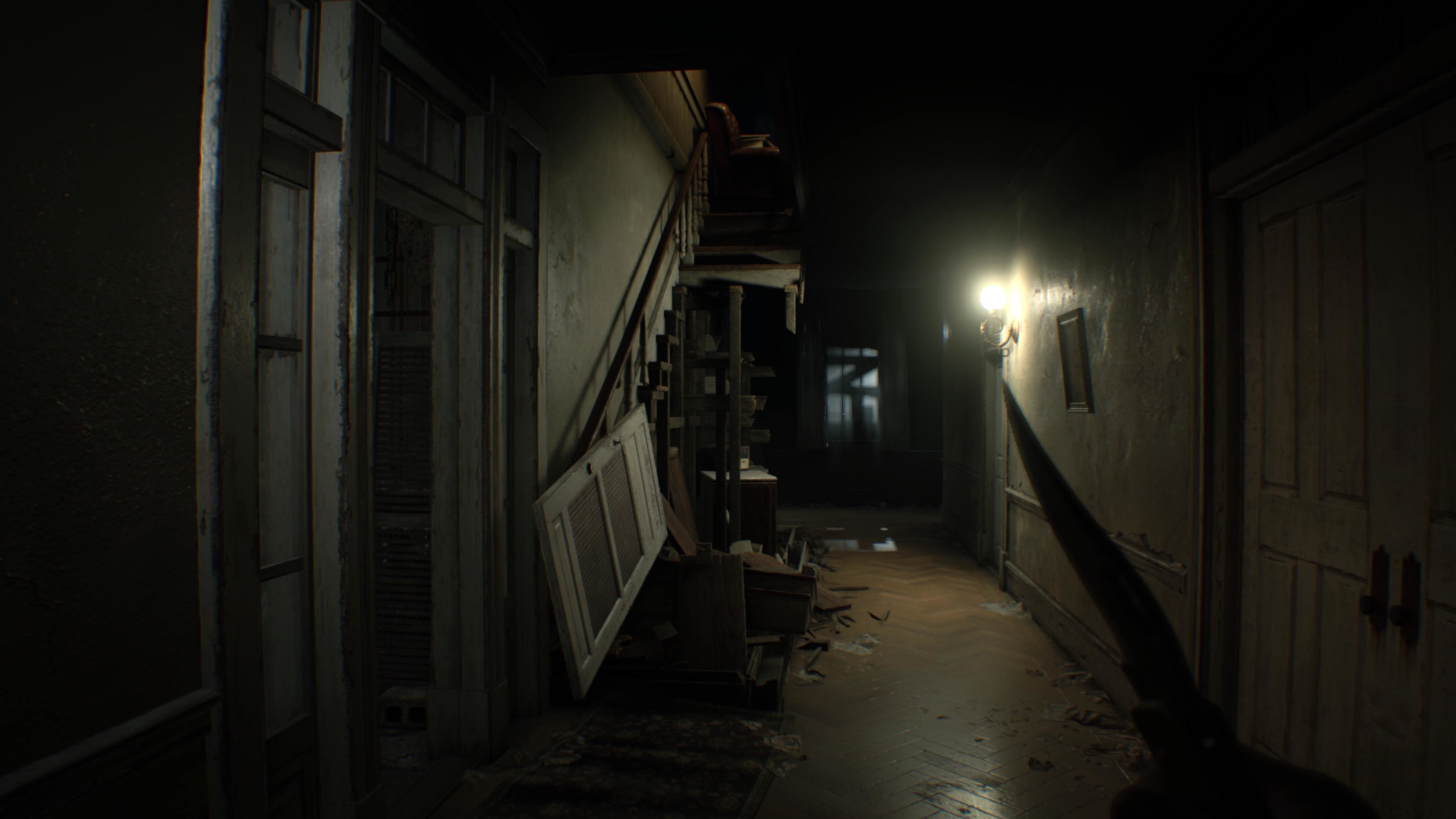 Resident Evil 7: Biohazard, Corridoio, Villa Baker, Buio, Horror, sfondo widescreen 4K