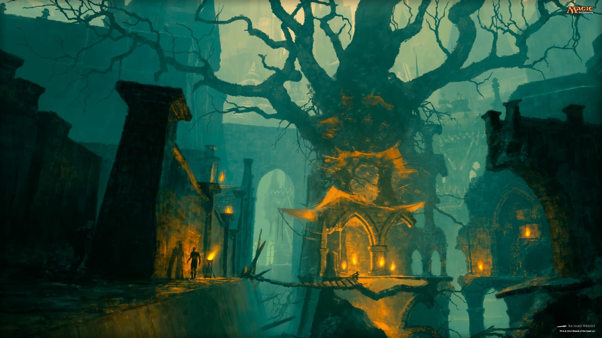 Città antica, Albero gigante, Rovine, Fantasy, Verde, Full HD, sfondo per PC