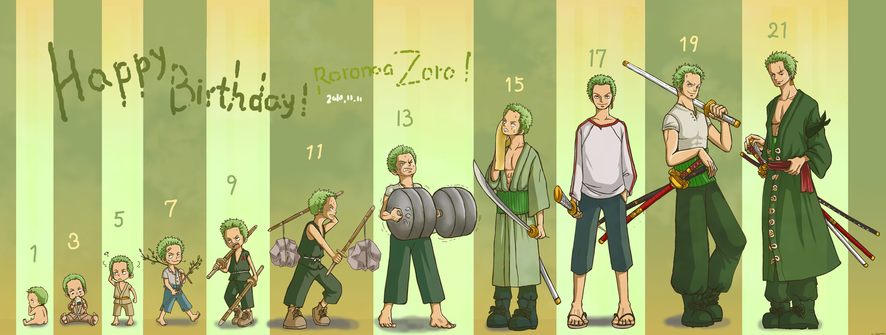 Roronoa Zoro, One Piece, Buon compleanno, Evoluzione, Età, 2K, sfondo per PC