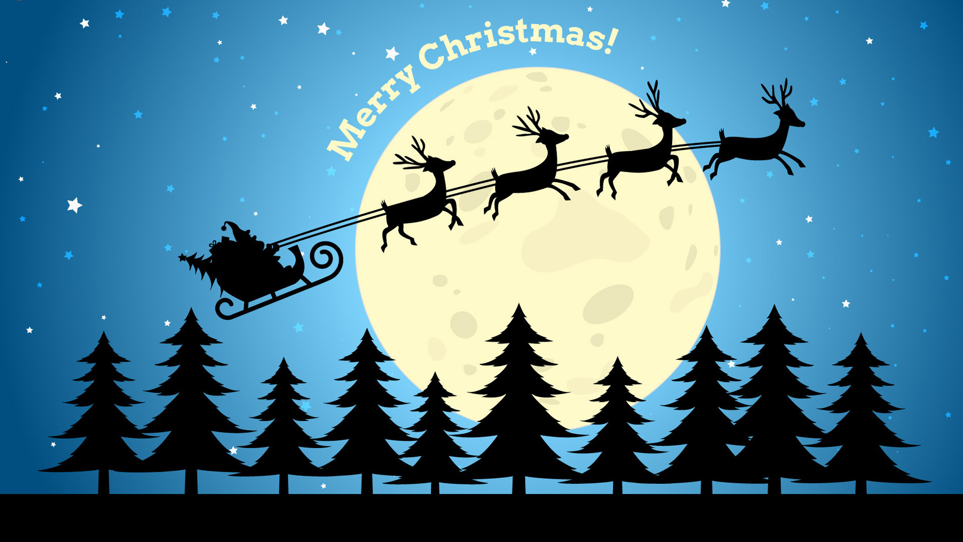 Slitta di Babbo Natale, Renne, Luna piena, Silhouette, Pini, 16:9 Full HD, sfondo widescreen
