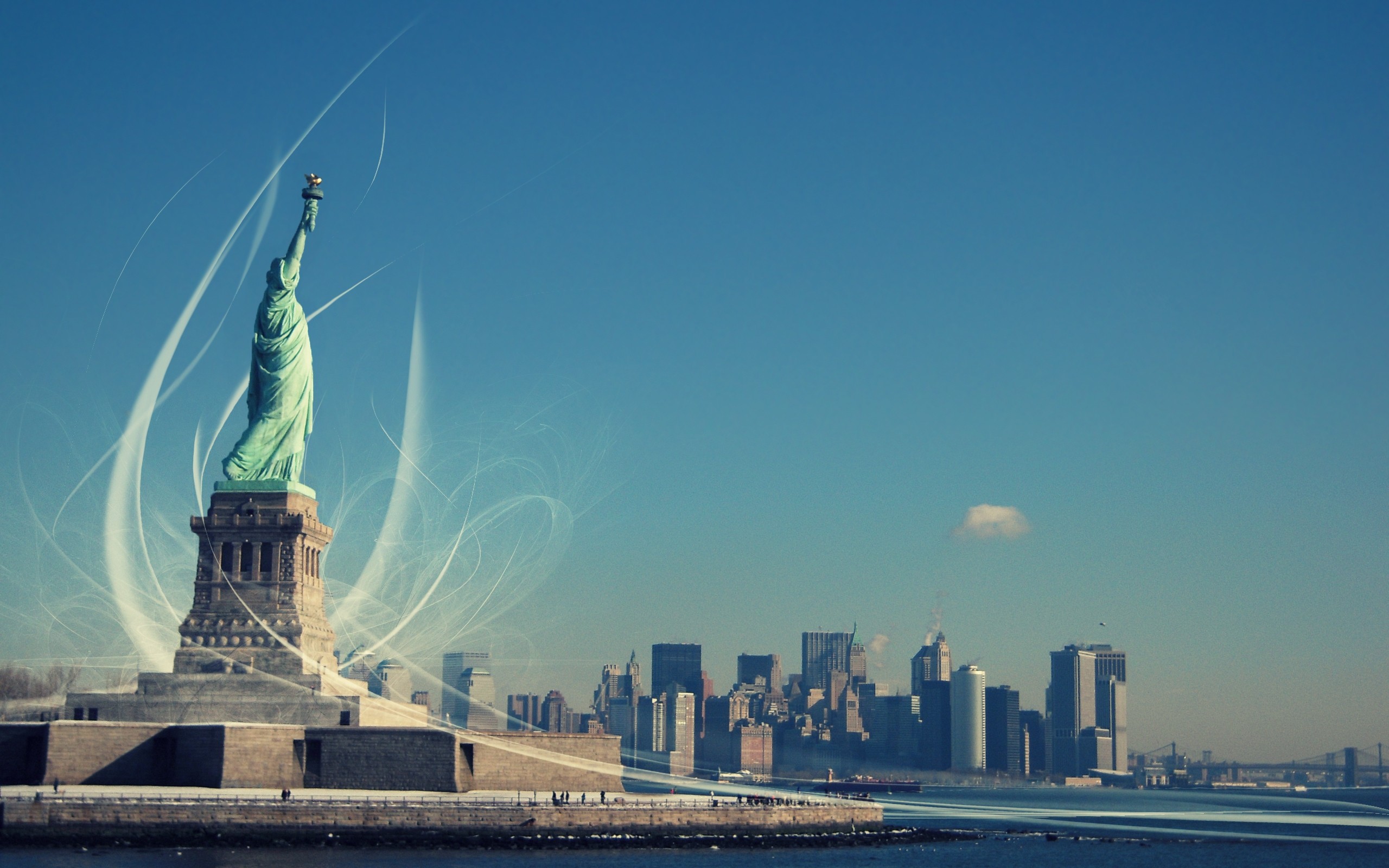 Statua della Libertà, Lower Manhattan, Arte digitale, Cielo azzurro, sfondo MacBook Pro