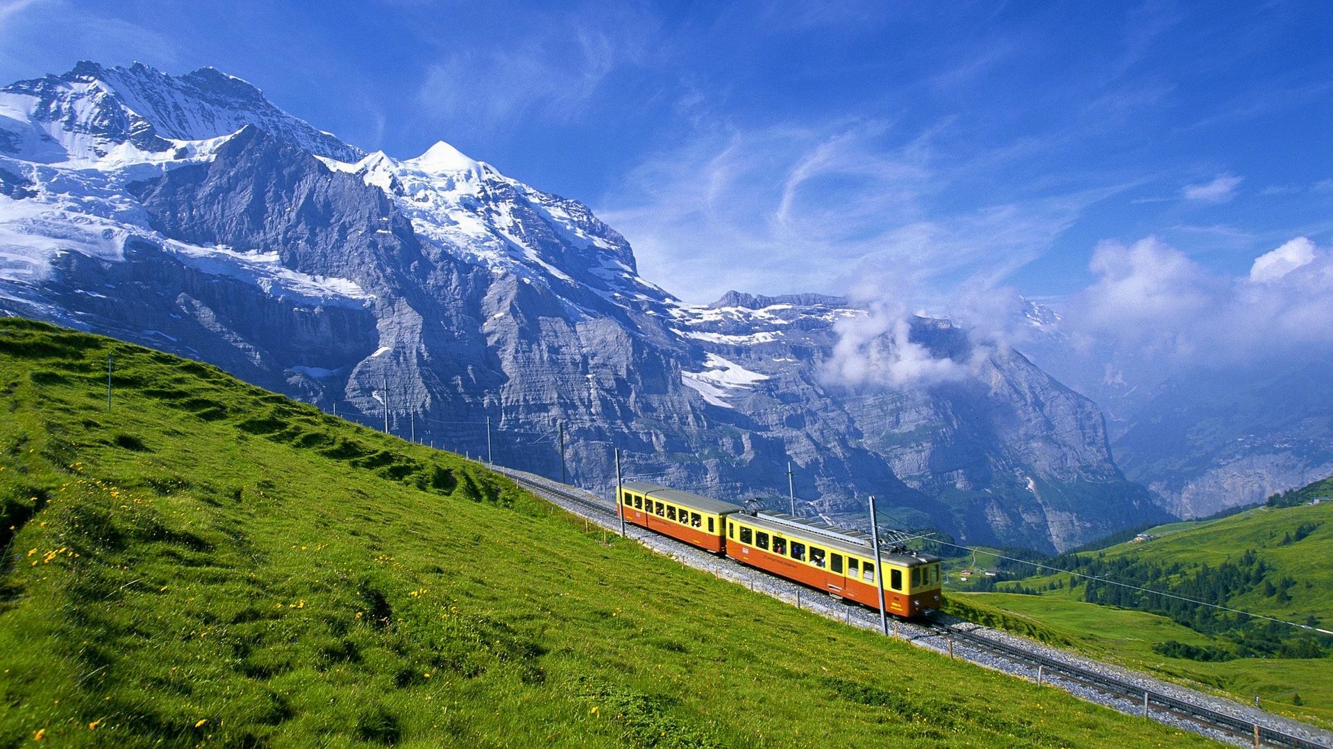 Treno, Alpi svizzere, Montagne, Prato, Full HD, sfondo per PC e portatile
