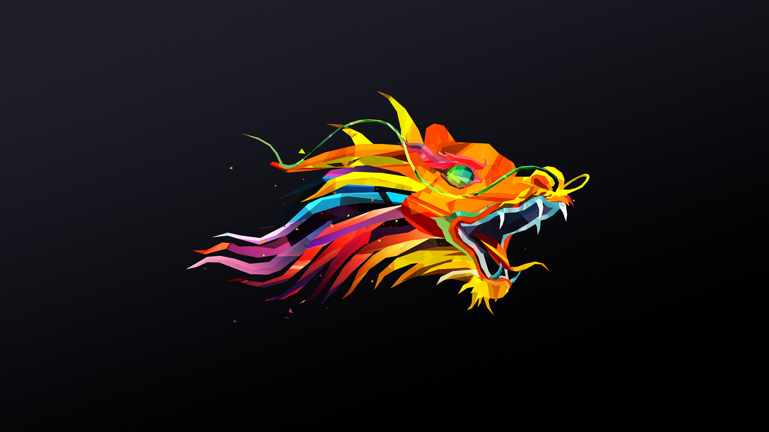 Low poly, Drago cinese, Multicolore, Sfondo nero, 2560x1440, wallpaper desktop