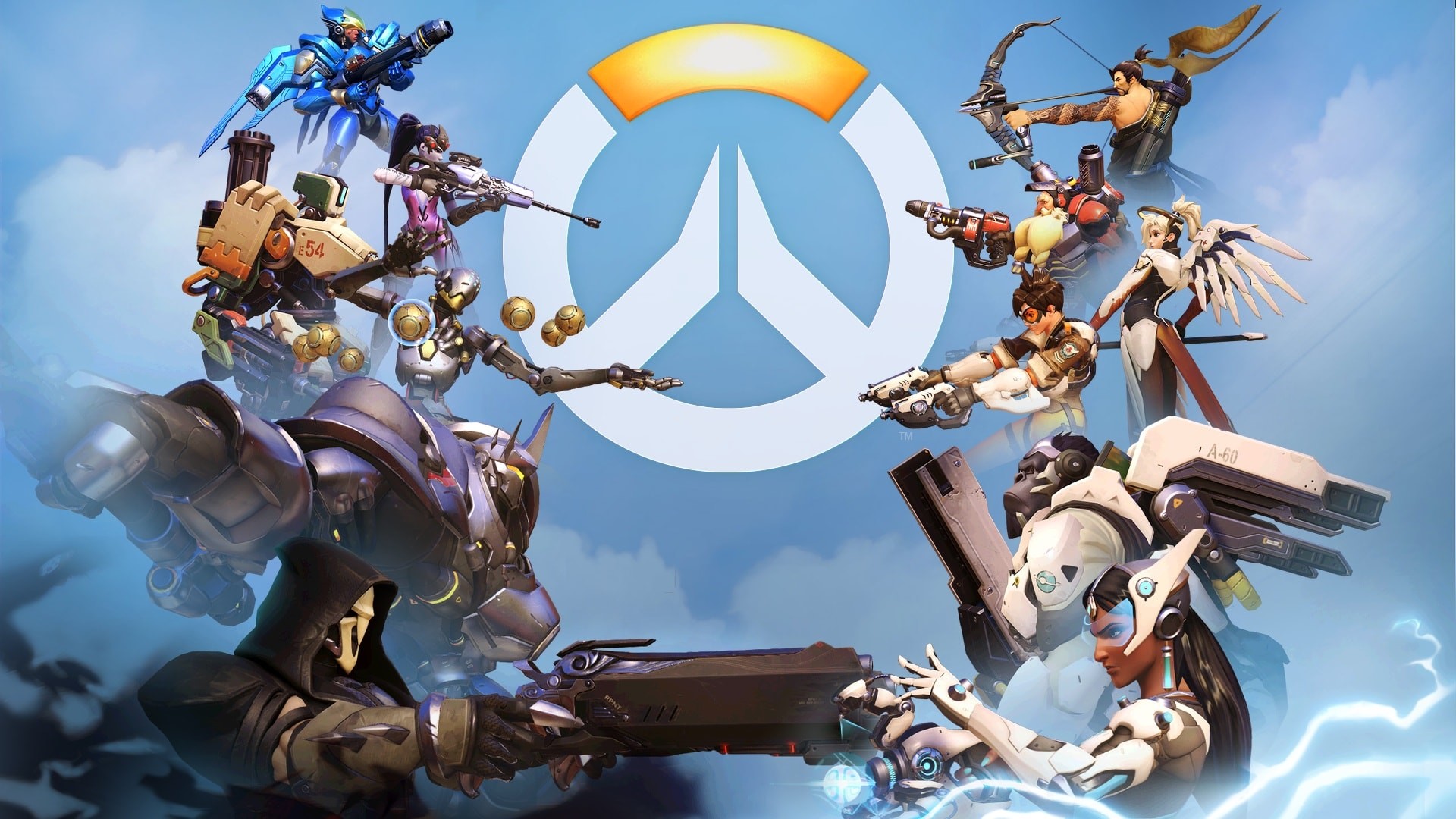 Overwatch, Logo, Pharah, Tracer, Reinhardt, Hanzo, 16:9 Full HD, sfondo widescreen
