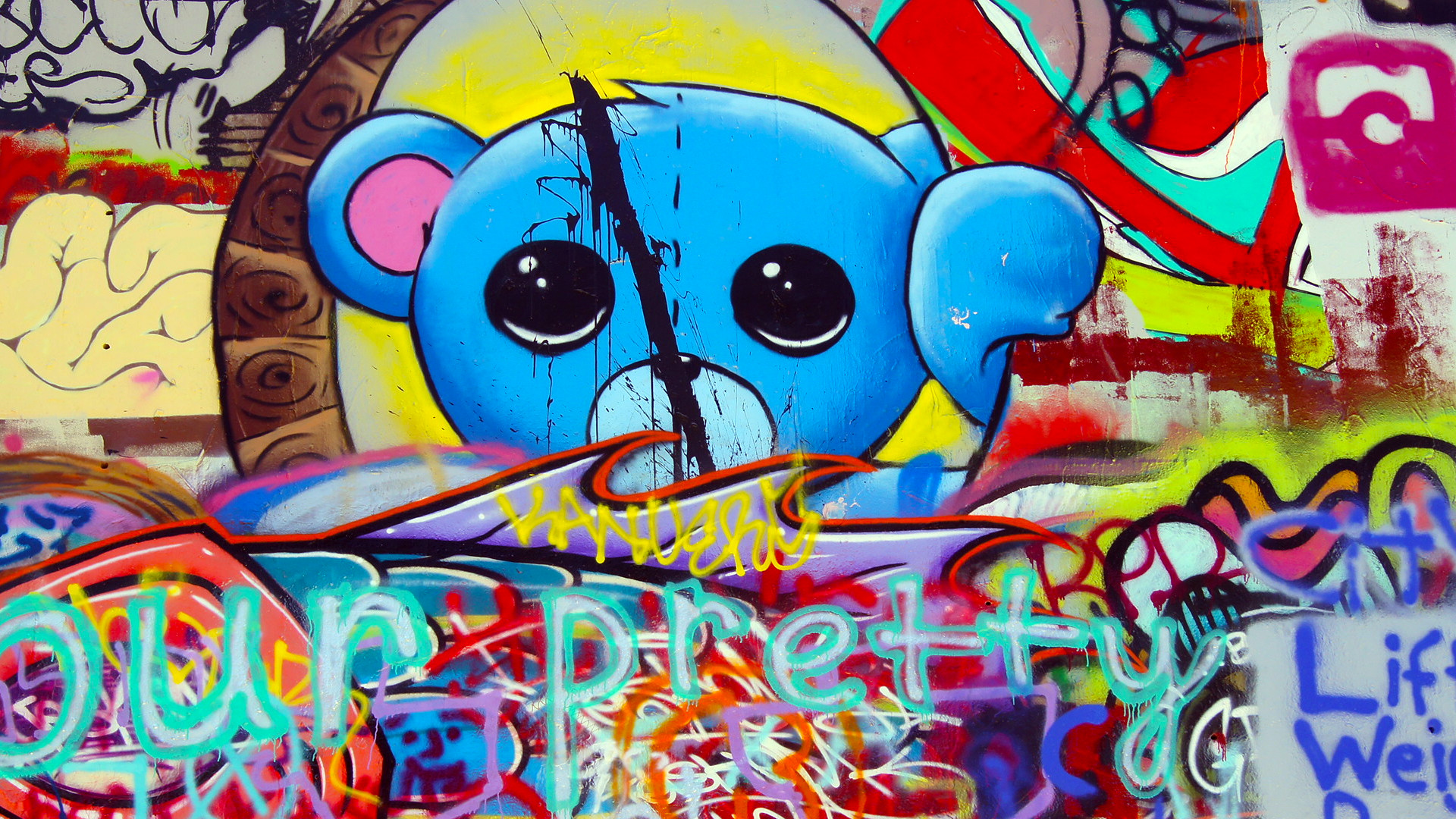 Graffiti, Orsacchiotto, Street art, Azzurro, Full HD 1080p, sfondo desktop