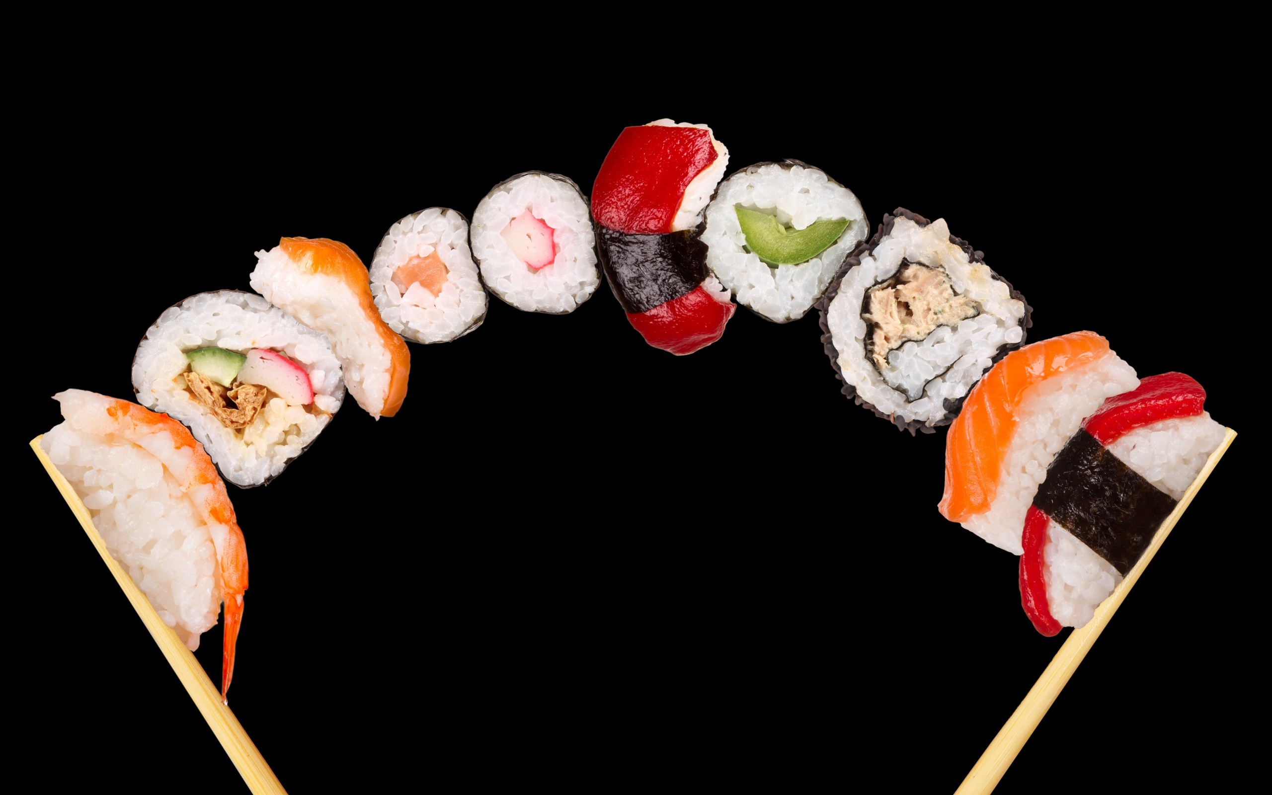 Sushi, Nigiri, Maki, Bacchette, Sfondo nero, 2K, wallpaper desktop