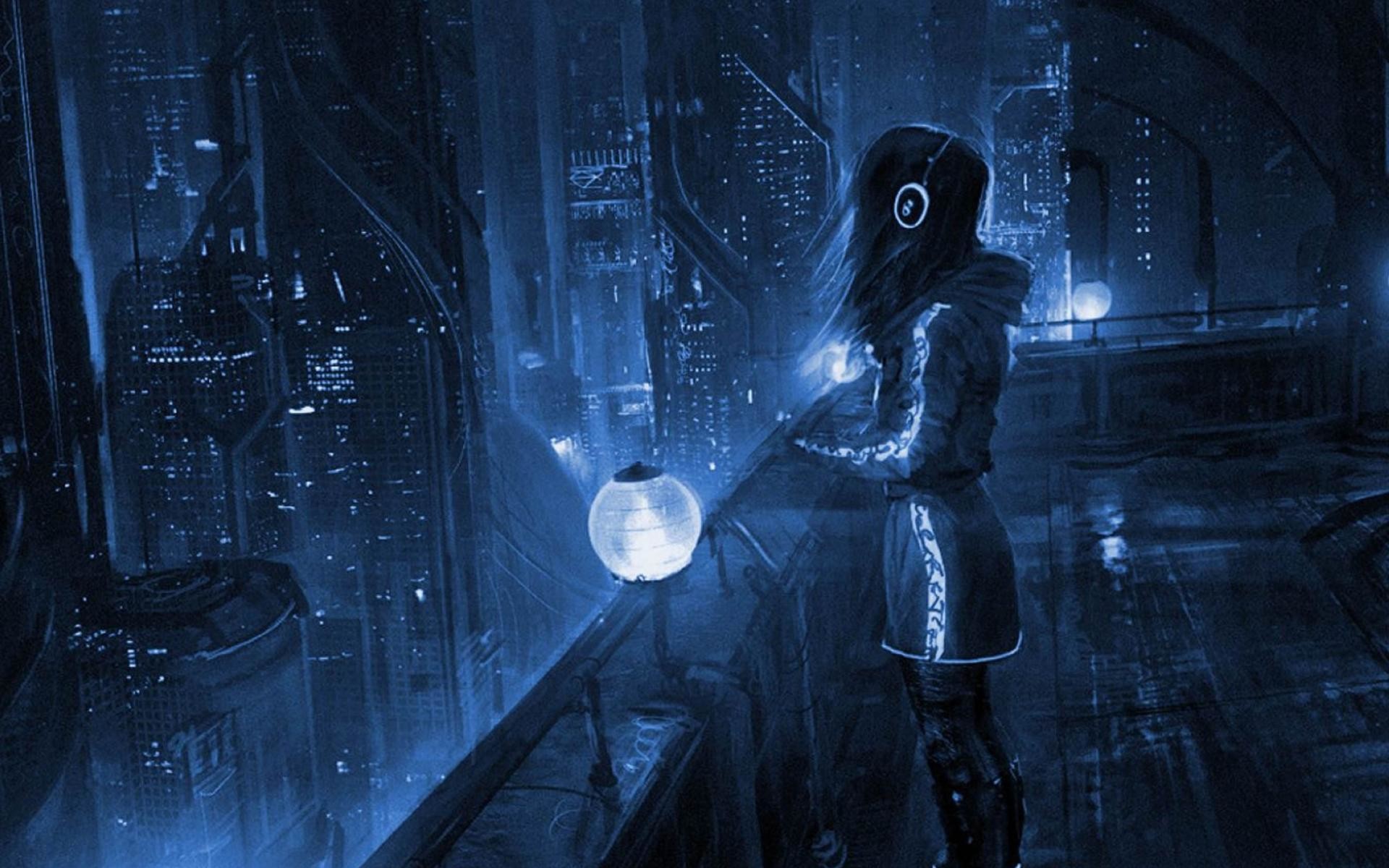 Ragazza cyberpunk, Città di notte, Balcone, Blu, 1920x1200, sfondo MacBook Pro