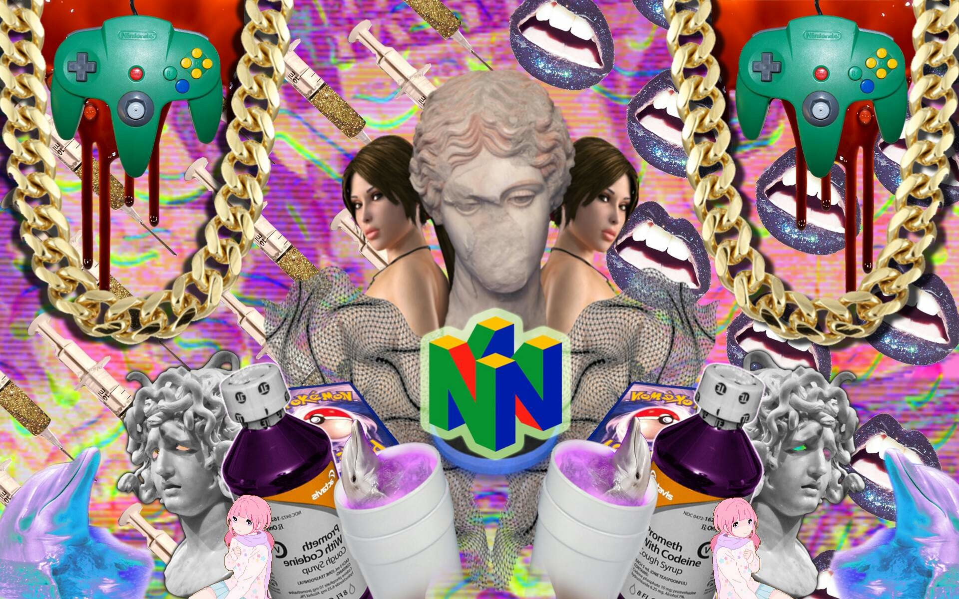 Vaporwave, Nintendo 64, Busto classico, Catene d'oro, Collage, 16:10 Full HD, sfondo widescreen