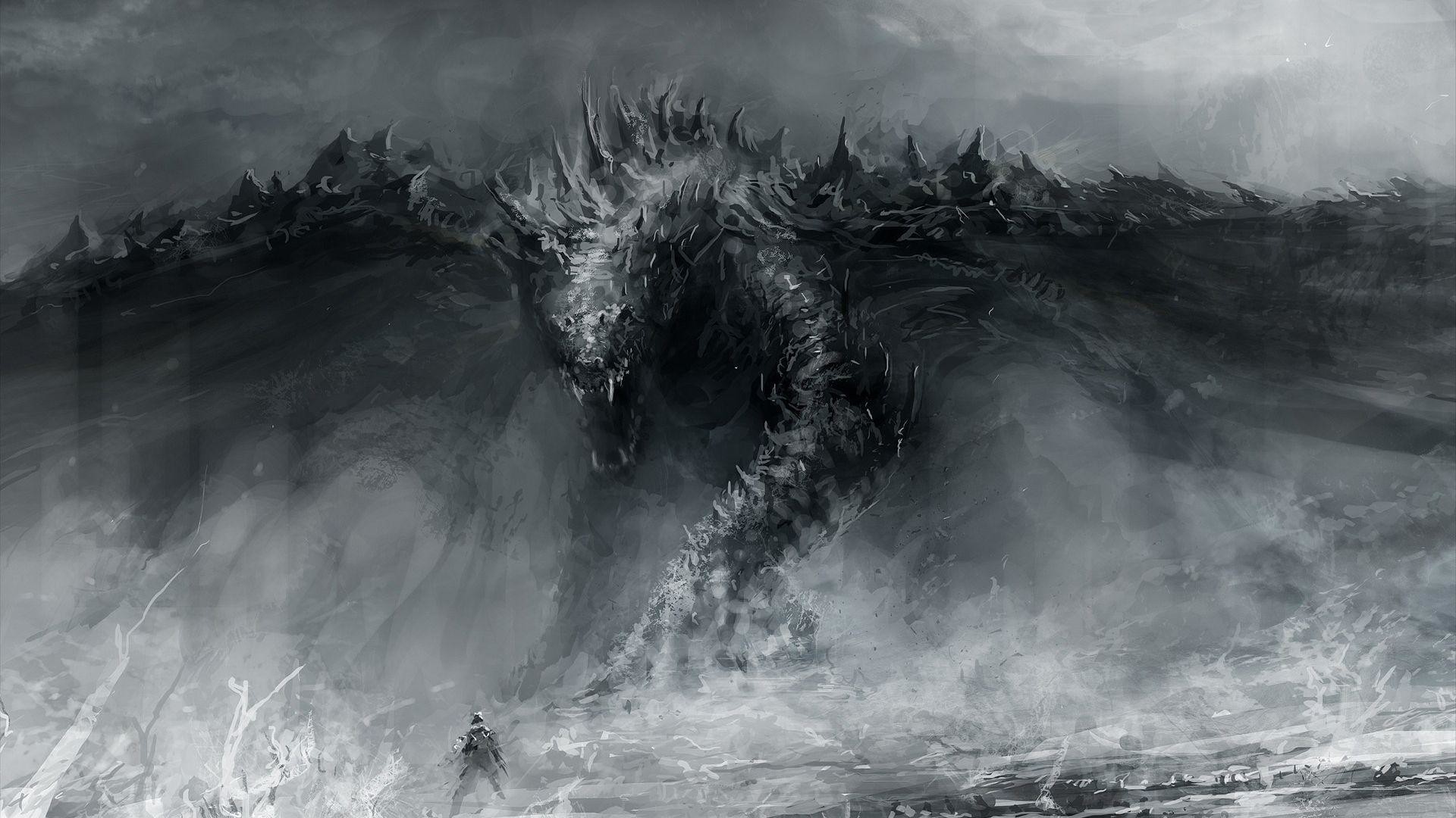 Drago, Arte fantasy, Tempesta, Grigio, 16:9 Full HD, sfondo widescreen