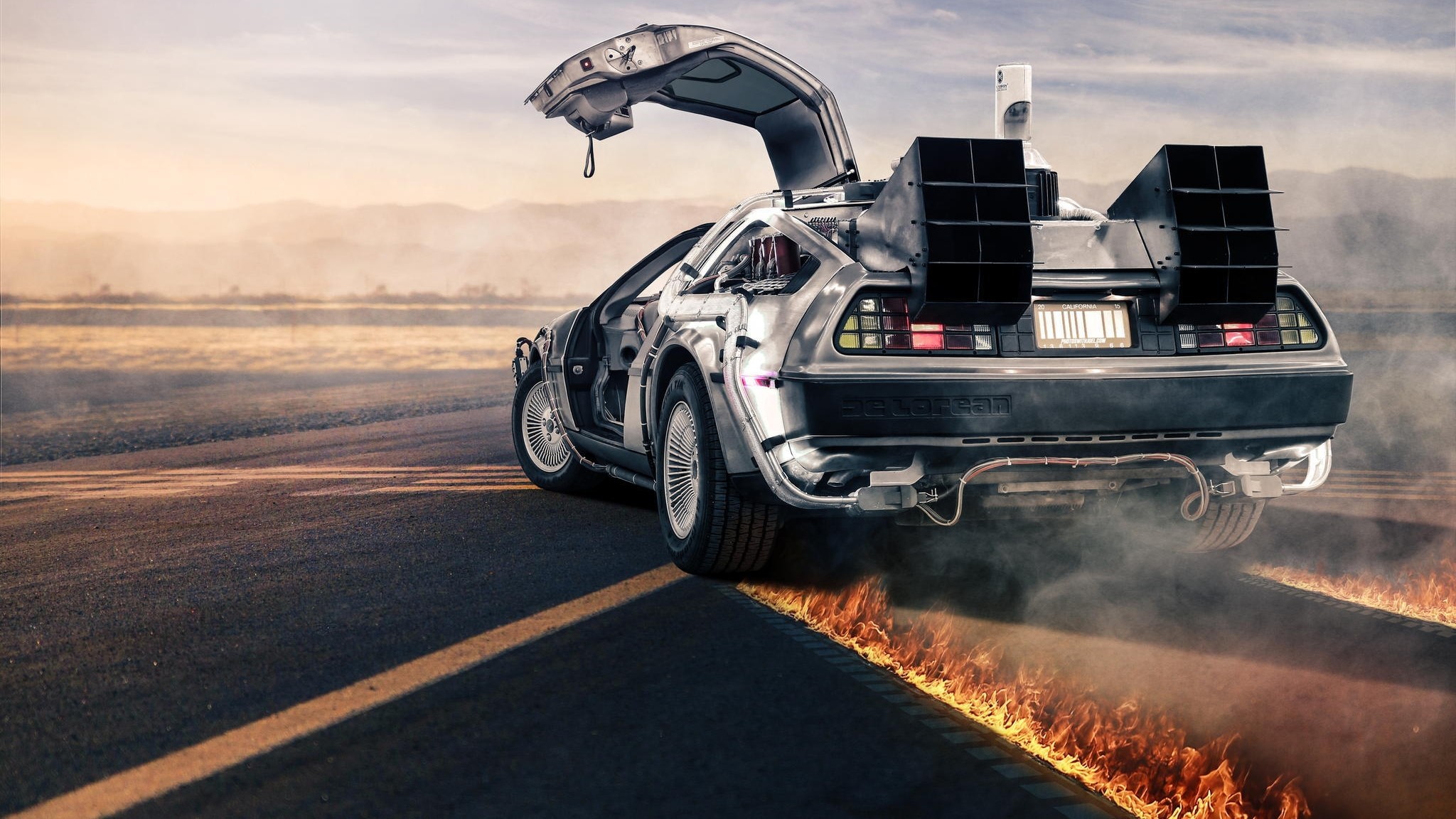 DeLorean DMC-12, Ritorno al futuro, Macchina del tempo, Scie di fuoco, Strada, immagine di sfondo
