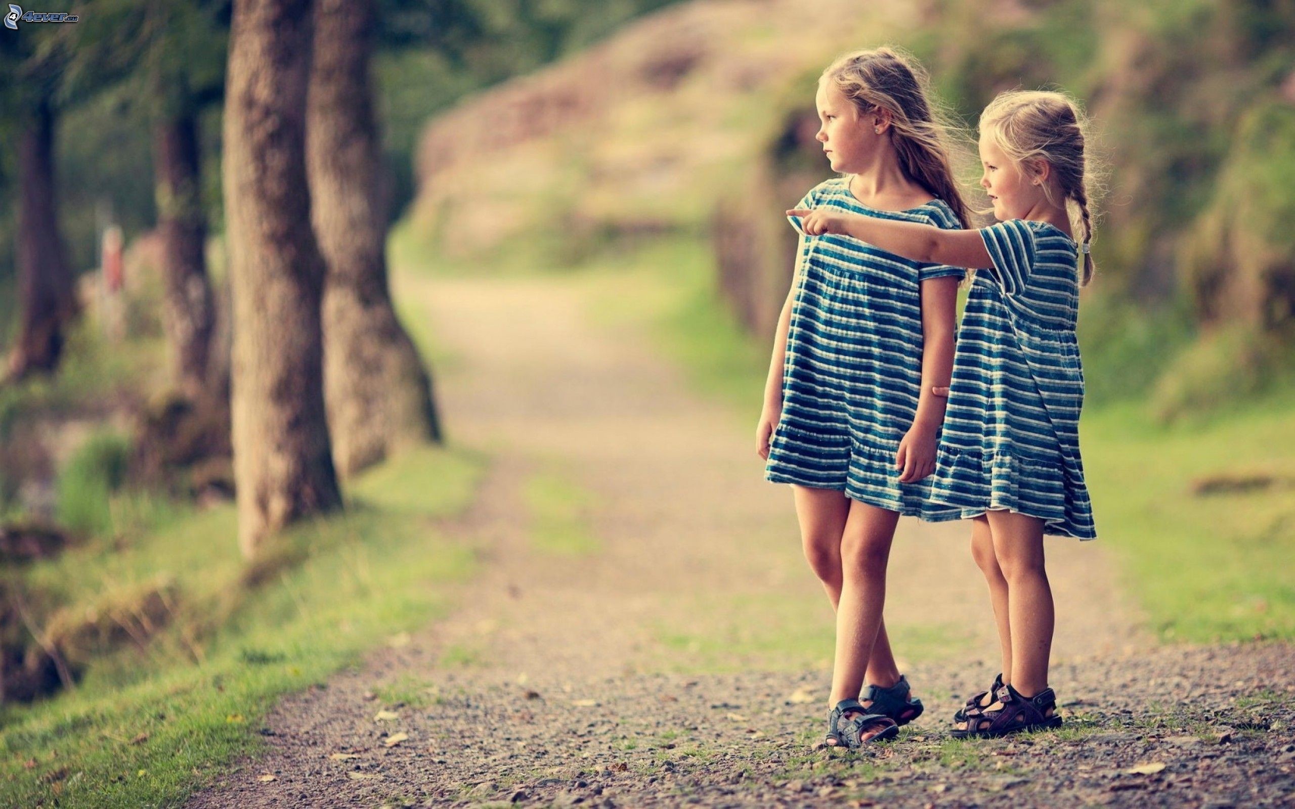 Bambine, Sentiero, Abiti a righe, Parco, 16:10 2K, sfondo widescreen