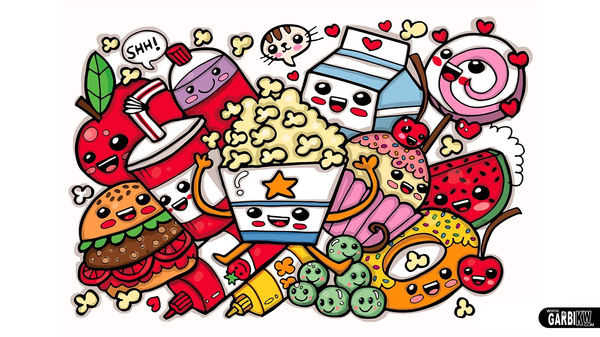 Garbi KW, Popcorn, Hamburger, Latte, Doodle, Kawaii, Full HD, sfondo desktop