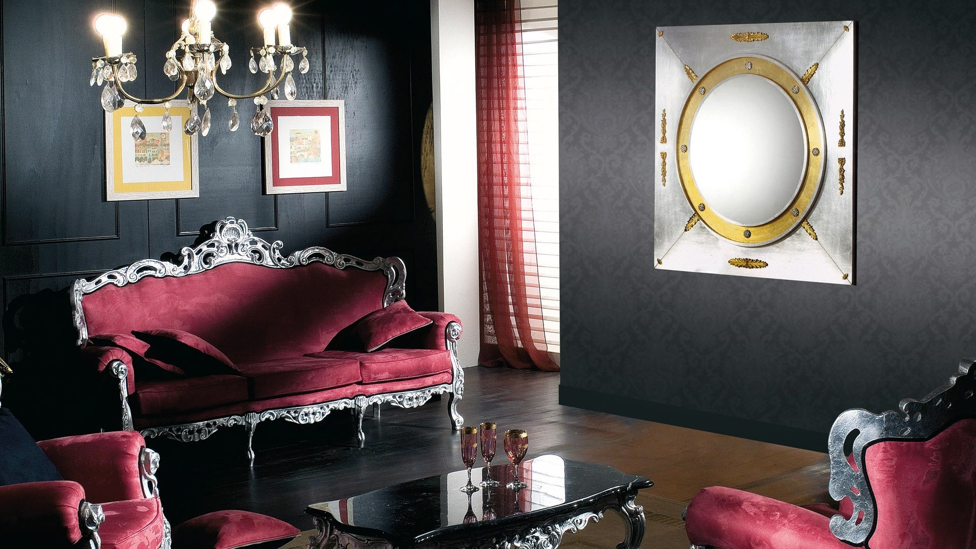 Divano bordeaux, Interni barocchi, Lampadario, Arredamento, 1920x1080, sfondo per PC