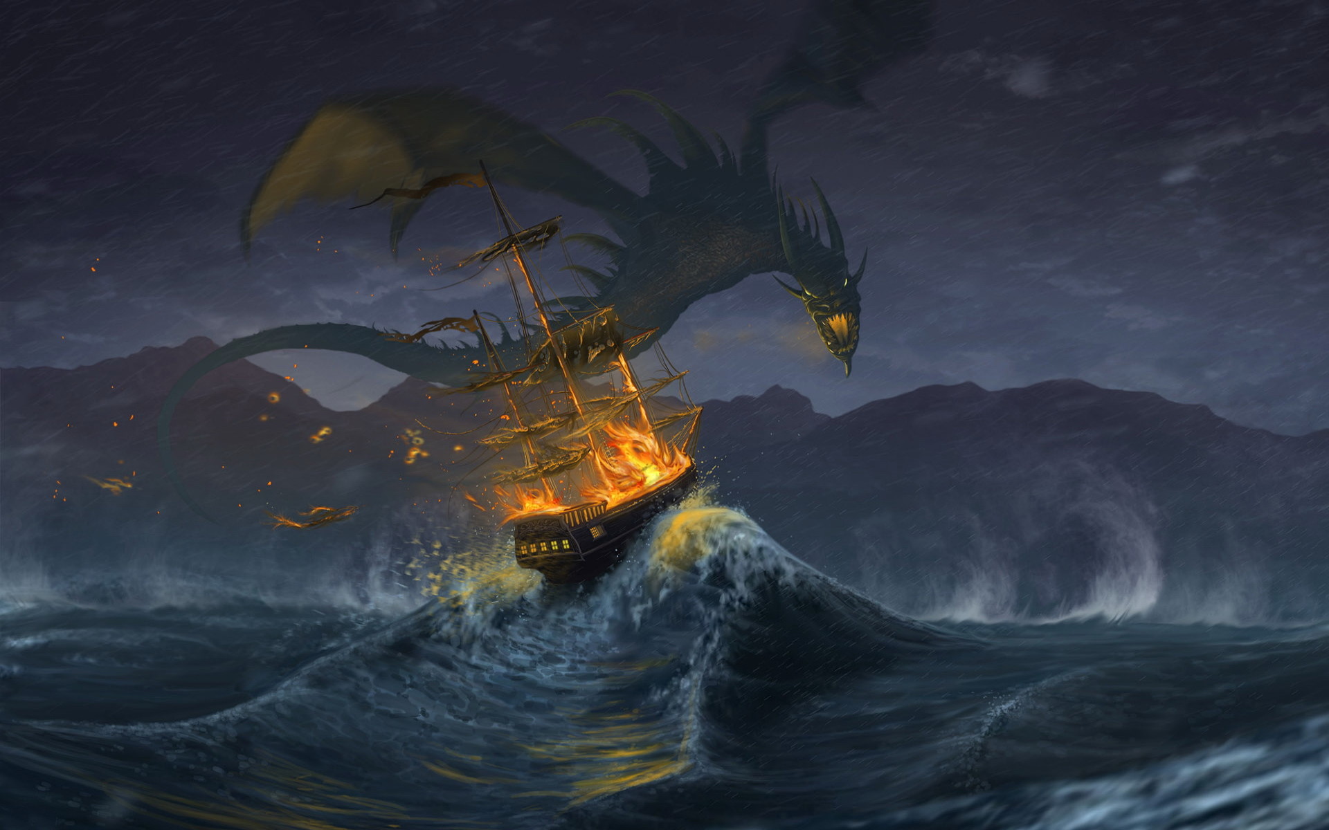 Drago, Nave, Tempesta, Mare, Fuoco, 1920x1200, sfondo MacBook Pro