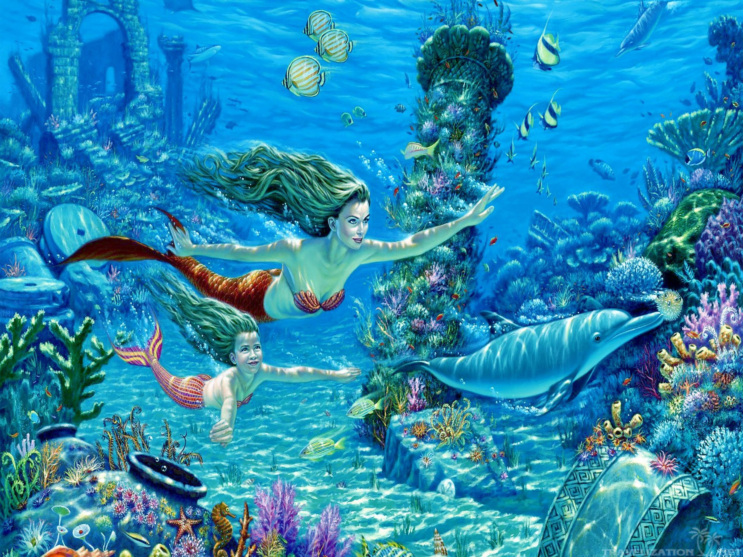 Sirene, Delfini, Atlantide, Illustrazione, Fantasy, 2K, schermata di blocco iPad