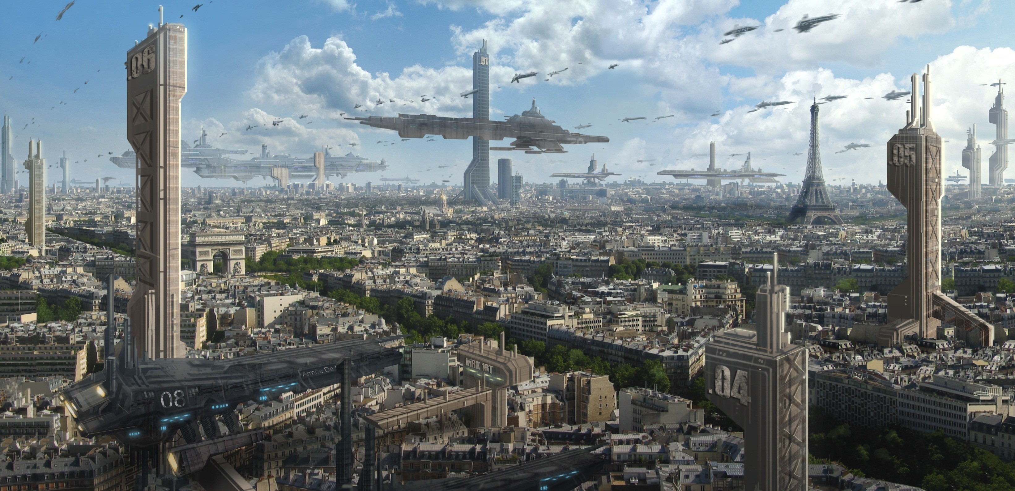 Parigi, Torre Eiffel, Città futuristica, Astronavi, 2K, wallpaper per portatile