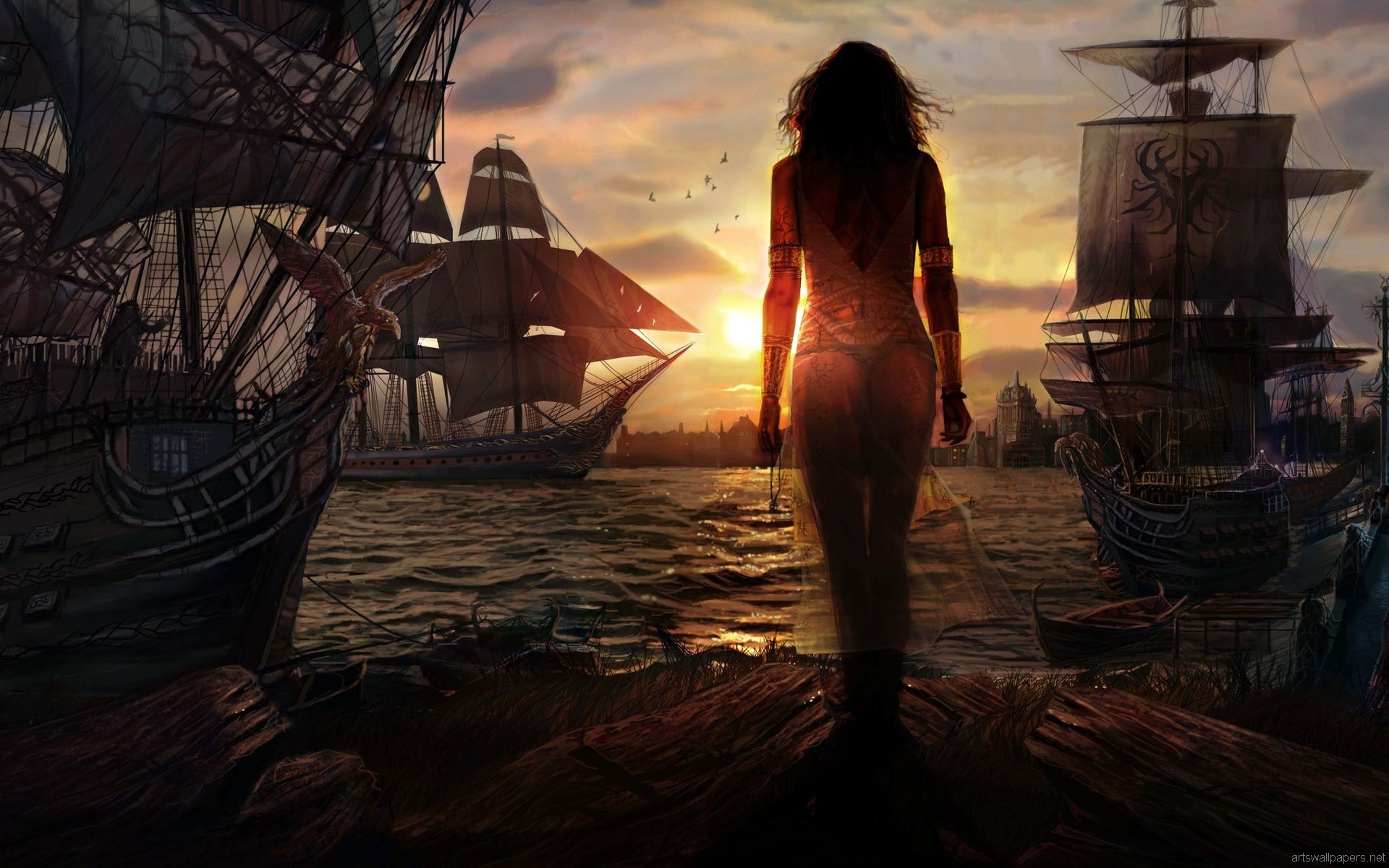 Velieri, Pirati, Donna, Porto, Tramonto, Fantasy, 16:10 Full HD, sfondo widescreen