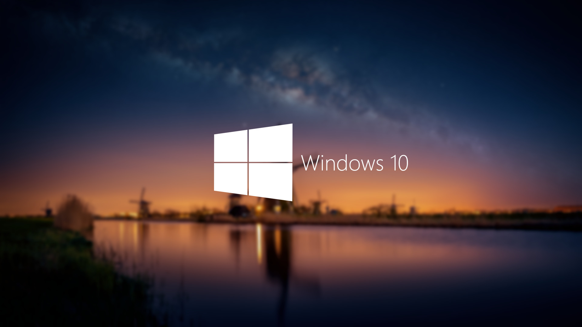 Windows 10, Logo Windows, Via Lattea, Mulini a vento, Tramonto, Full HD, sfondo per PC