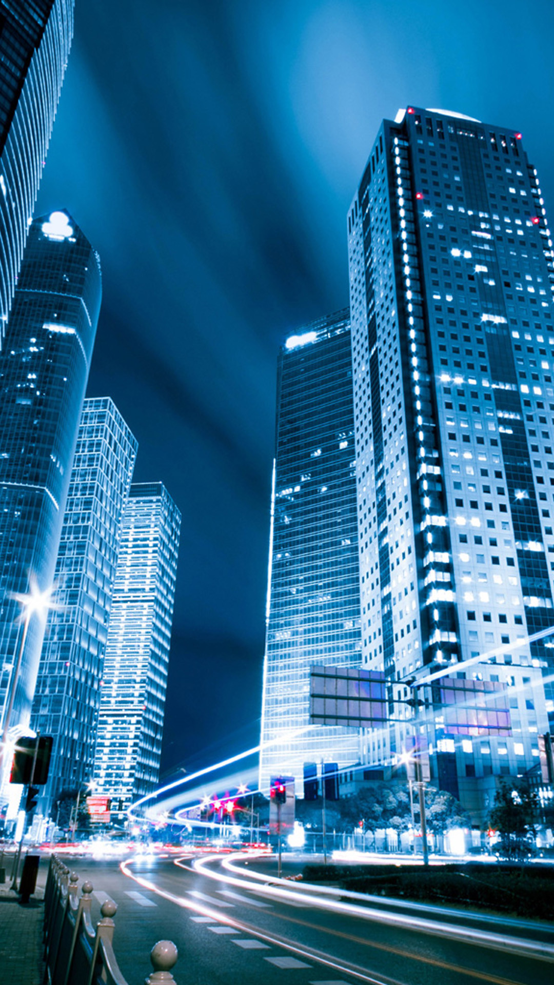 Grattacieli, Città, Notte, Scie luminose, Blu, Full HD, schermata di blocco Galaxy S5