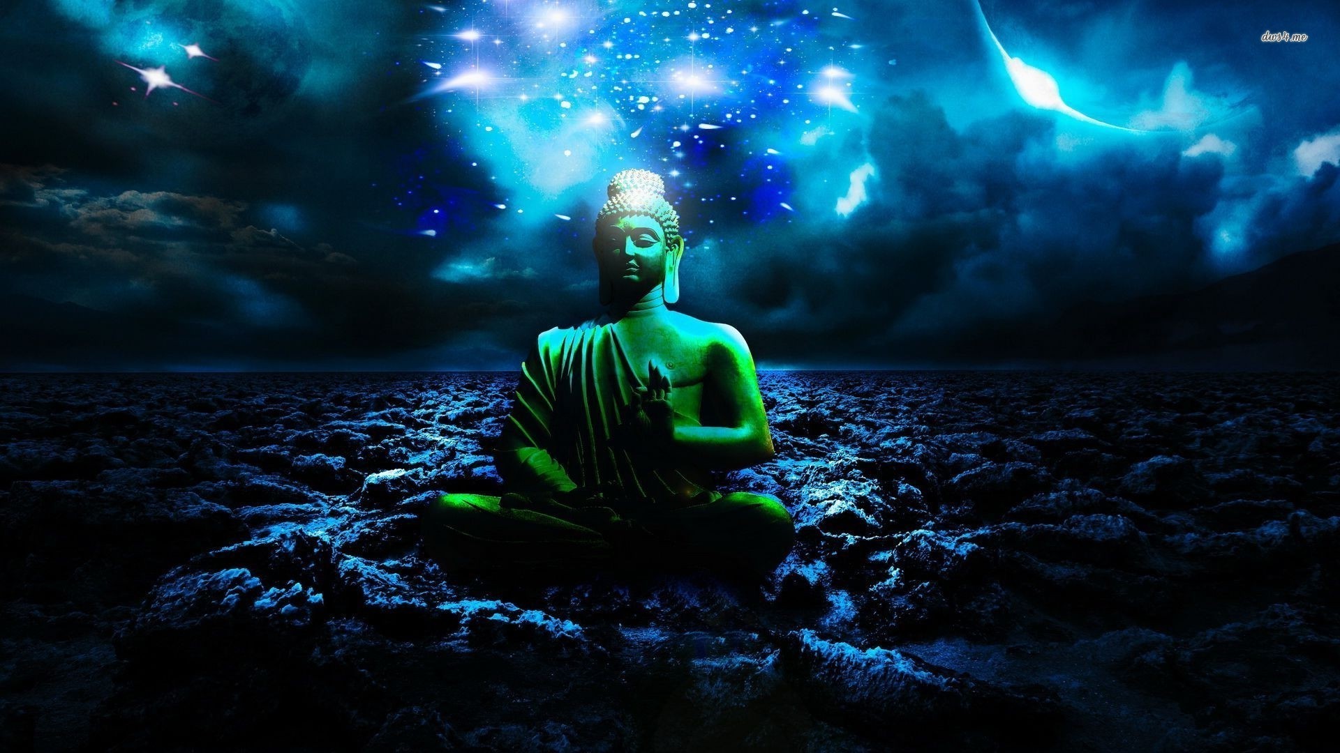 Buddha, Notte stellata, Verde, Arte digitale, 1920x1080, immagine di sfondo
