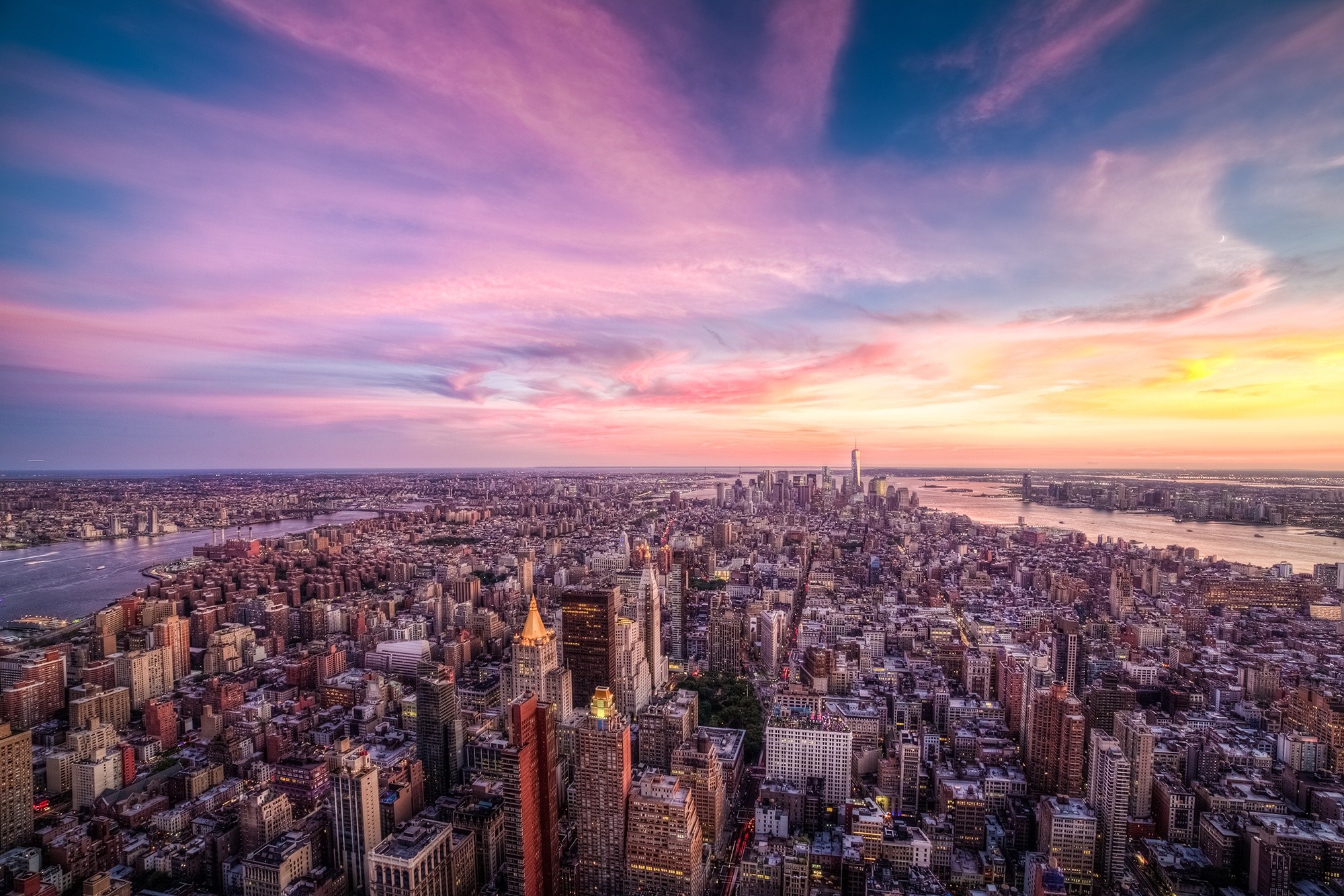 Manhattan, Vista aerea, Tramonto, Cielo rosa, Full HD, sfondo Windows 11