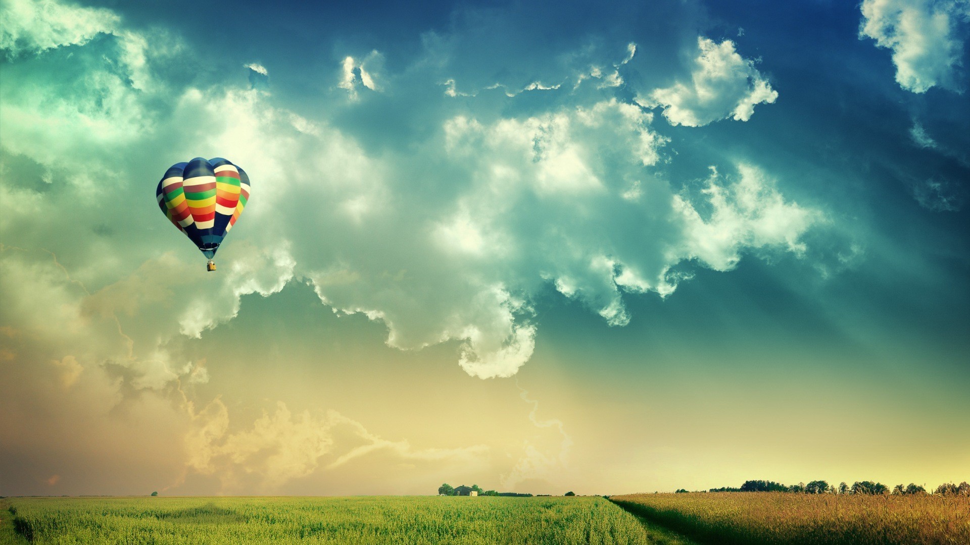 Mongolfiera, Nuvole, Campo, Cielo, Full HD, wallpaper per computer