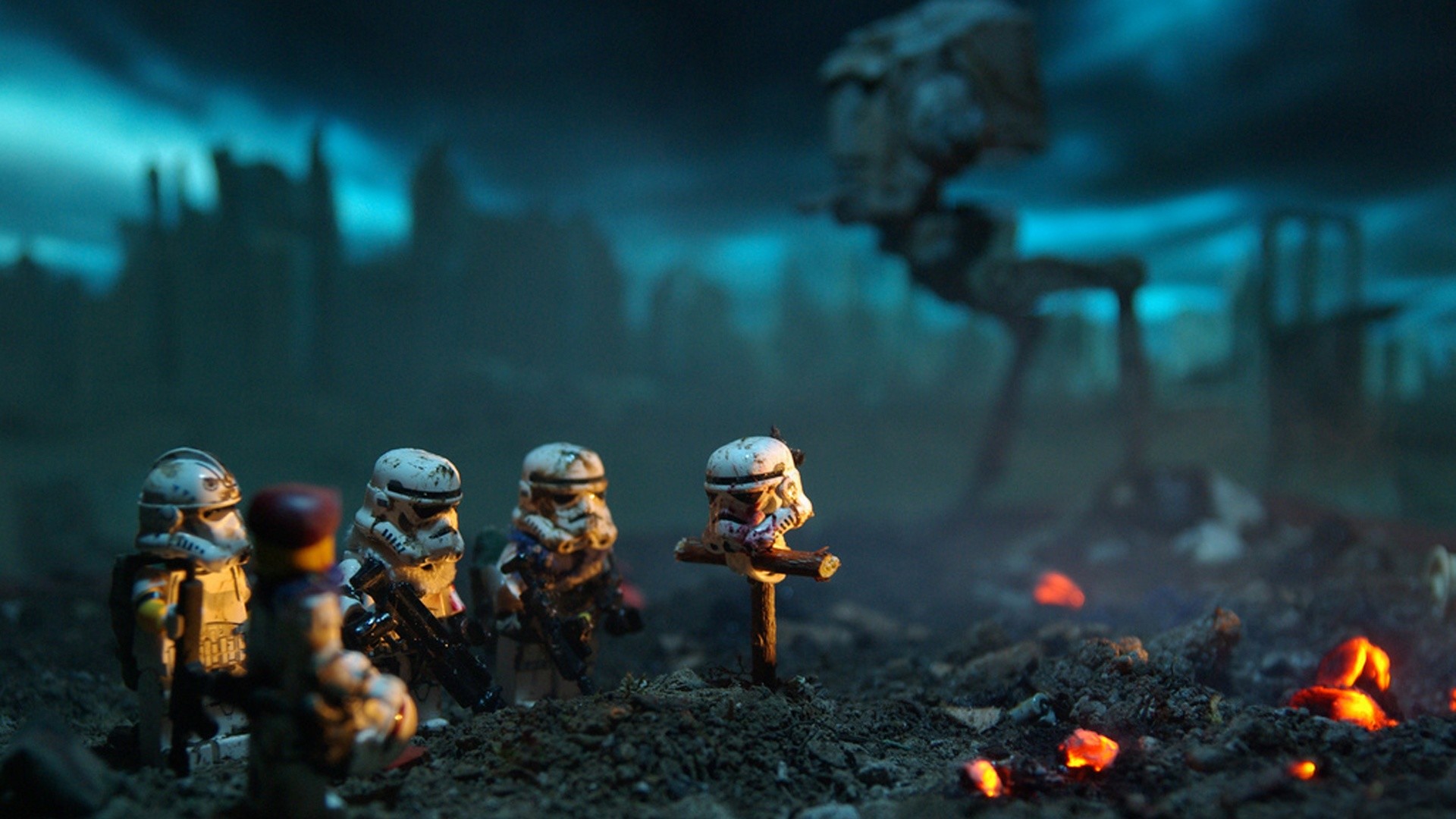 Stormtrooper, AT-ST, LEGO Star Wars, Diorama, Notte, Full HD, sfondo Windows 11