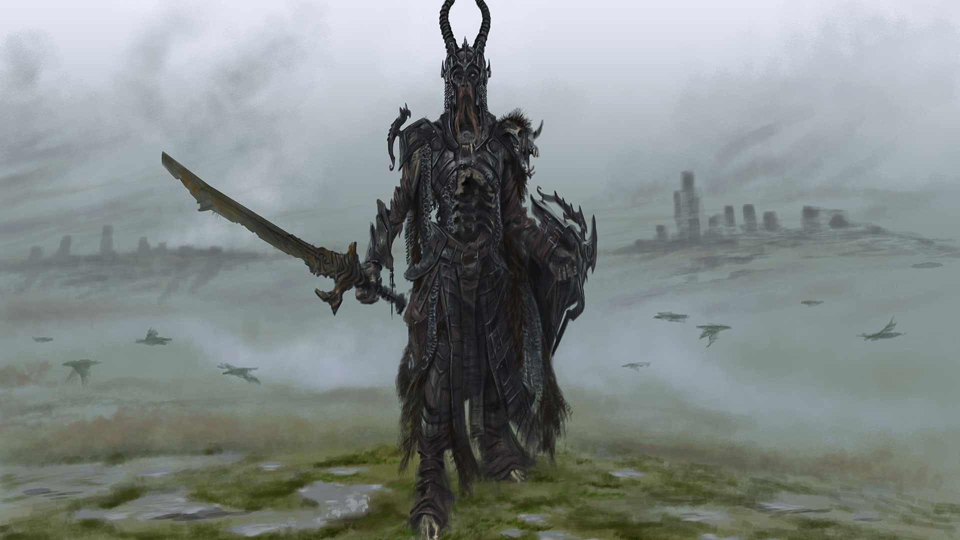 The Elder Scrolls V: Skyrim, Armatura daedrica, Guerriero, Nebbia, sfondo widescreen Full HD