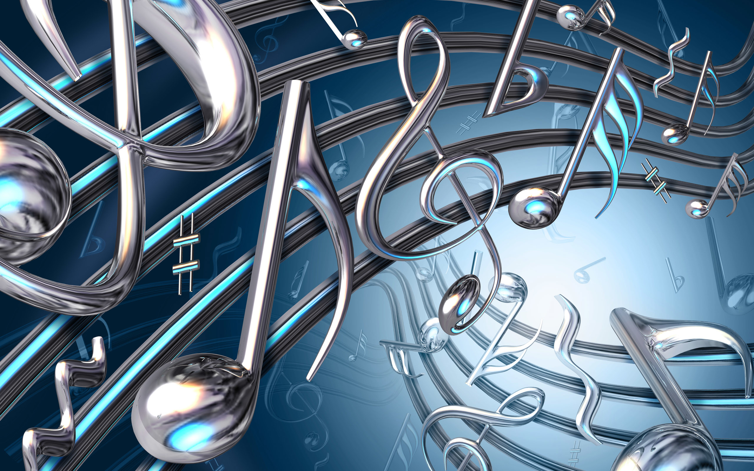 Note musicali, Chiave di violino, Metallo cromato, Rendering 3D, Blu, sfondo 2K per portatile