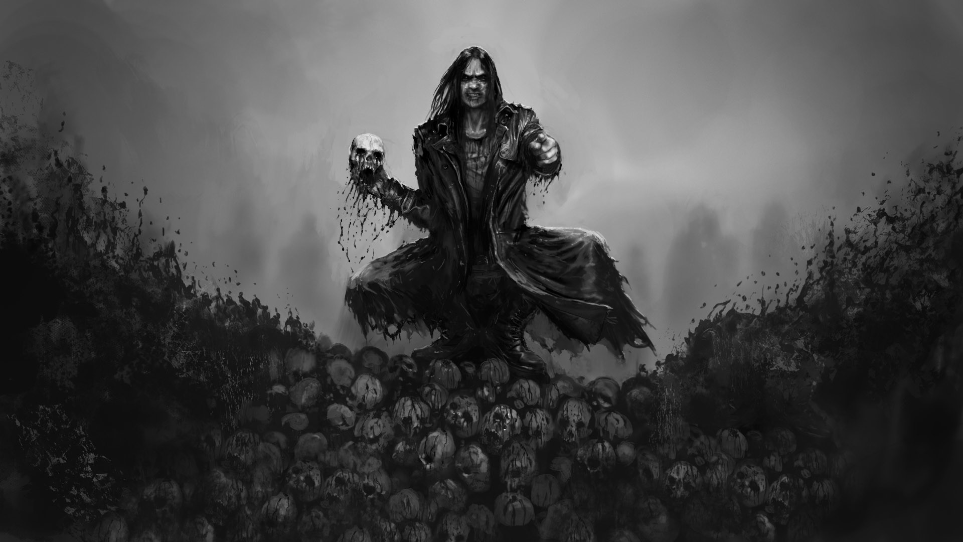Teschi, Arte dark fantasy, Bianco e nero, Full HD, sfondo per portatile