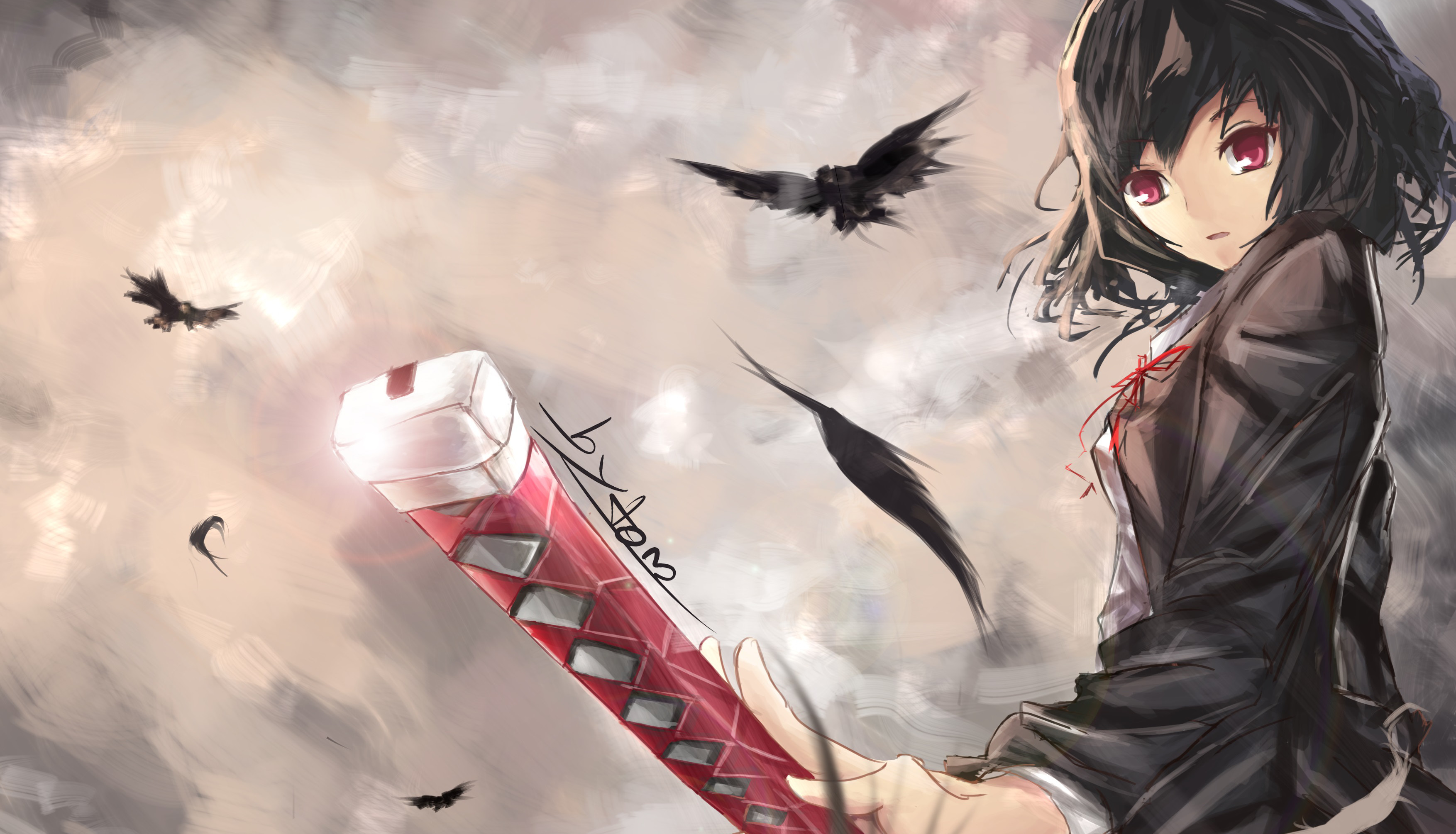 Katana, Ragazza anime, Corvi, Illustrazione, 2K, sfondo per PC